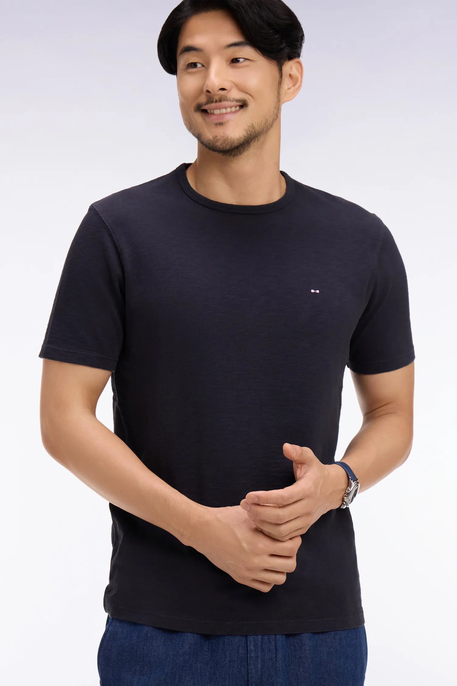 Eden Park 0 Men Short-Sleeved T-Shirt in Navy Slub Cotton Jersey SKU: E26MAITC0010_BLF Image 02