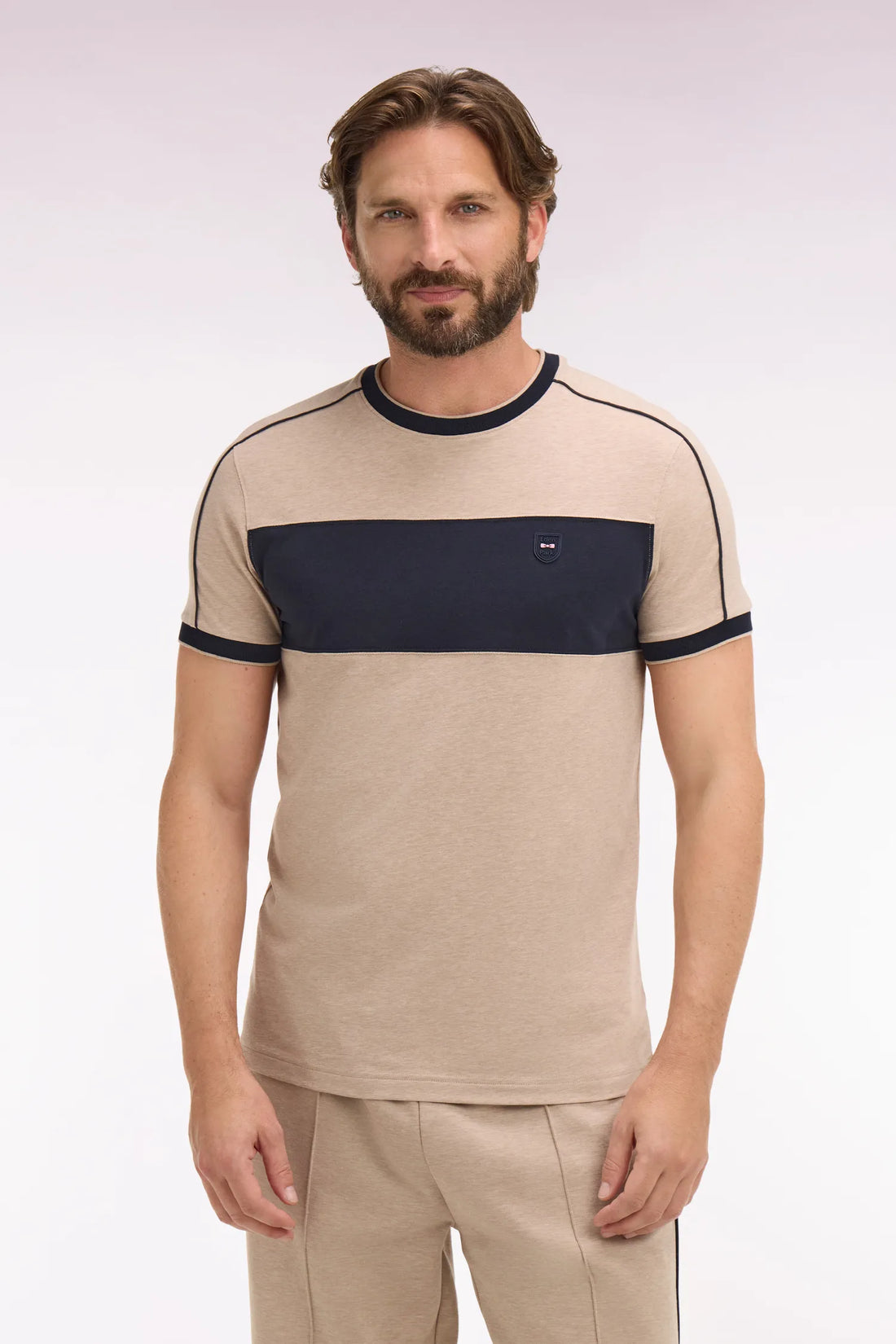 Eden Park Beige Men Short-Sleeved Beige Stretch Cotton T-Shirt with Slim-Fit Cutouts SKU: E26MAITC0011_BEC13 Image 01