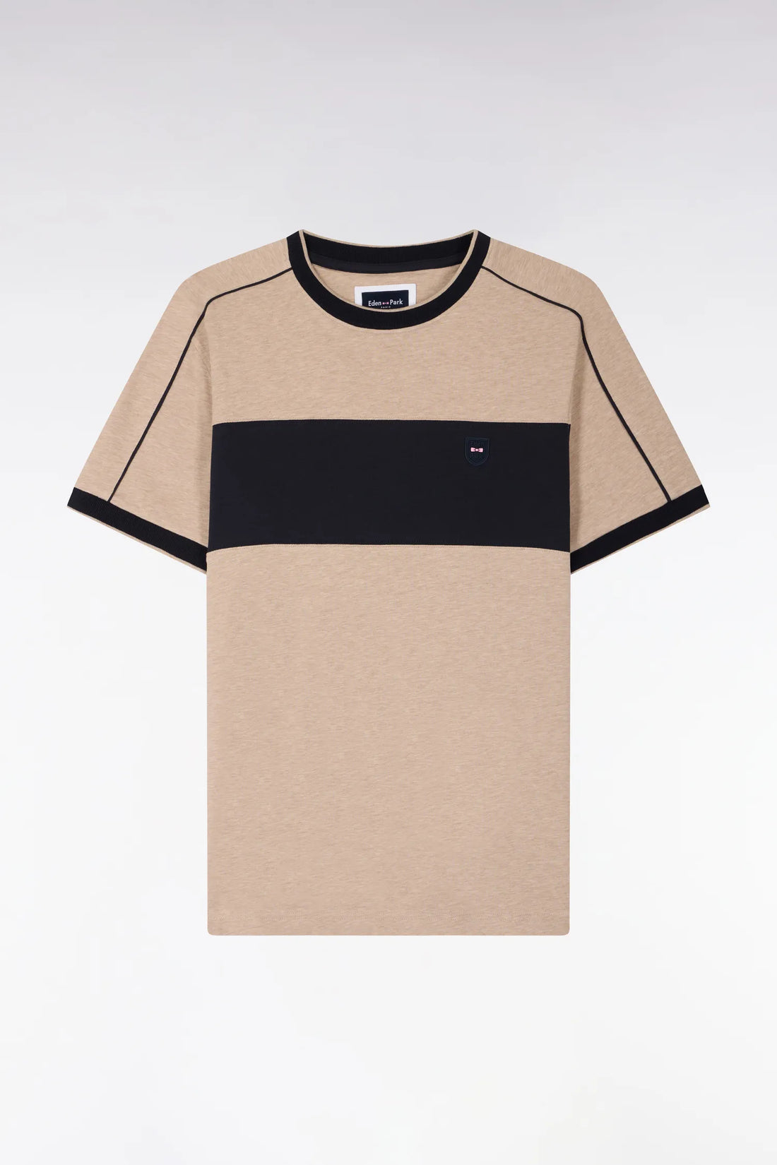 Eden Park Beige Men Short-Sleeved Beige Stretch Cotton T-Shirt with Slim-Fit Cutouts SKU: E26MAITC0011_BEC13 Image 02