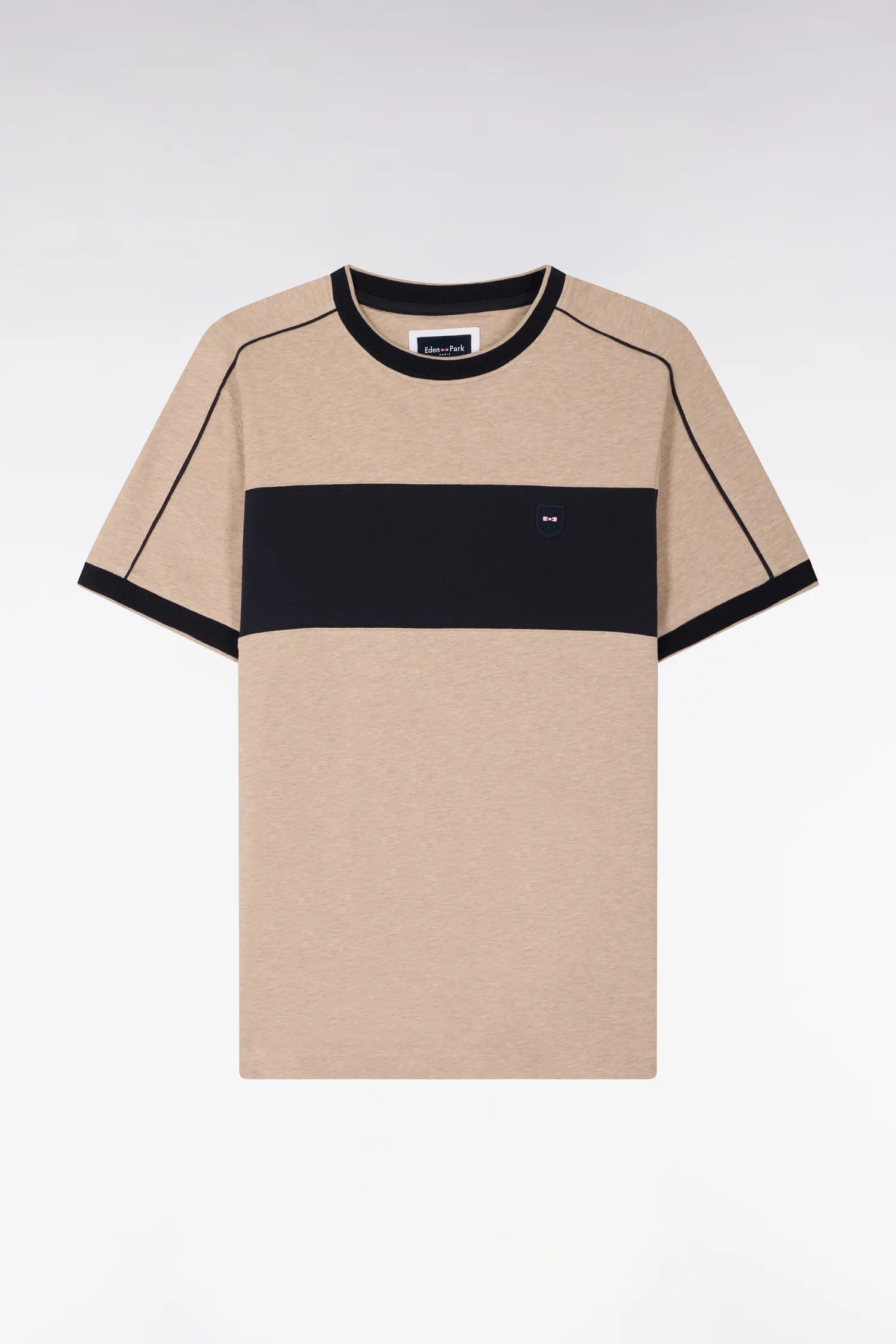 Eden Park Beige Men Short-Sleeved Beige Stretch Cotton T-Shirt with Slim-Fit Cutouts SKU: E26MAITC0011_BEC13 Image 02