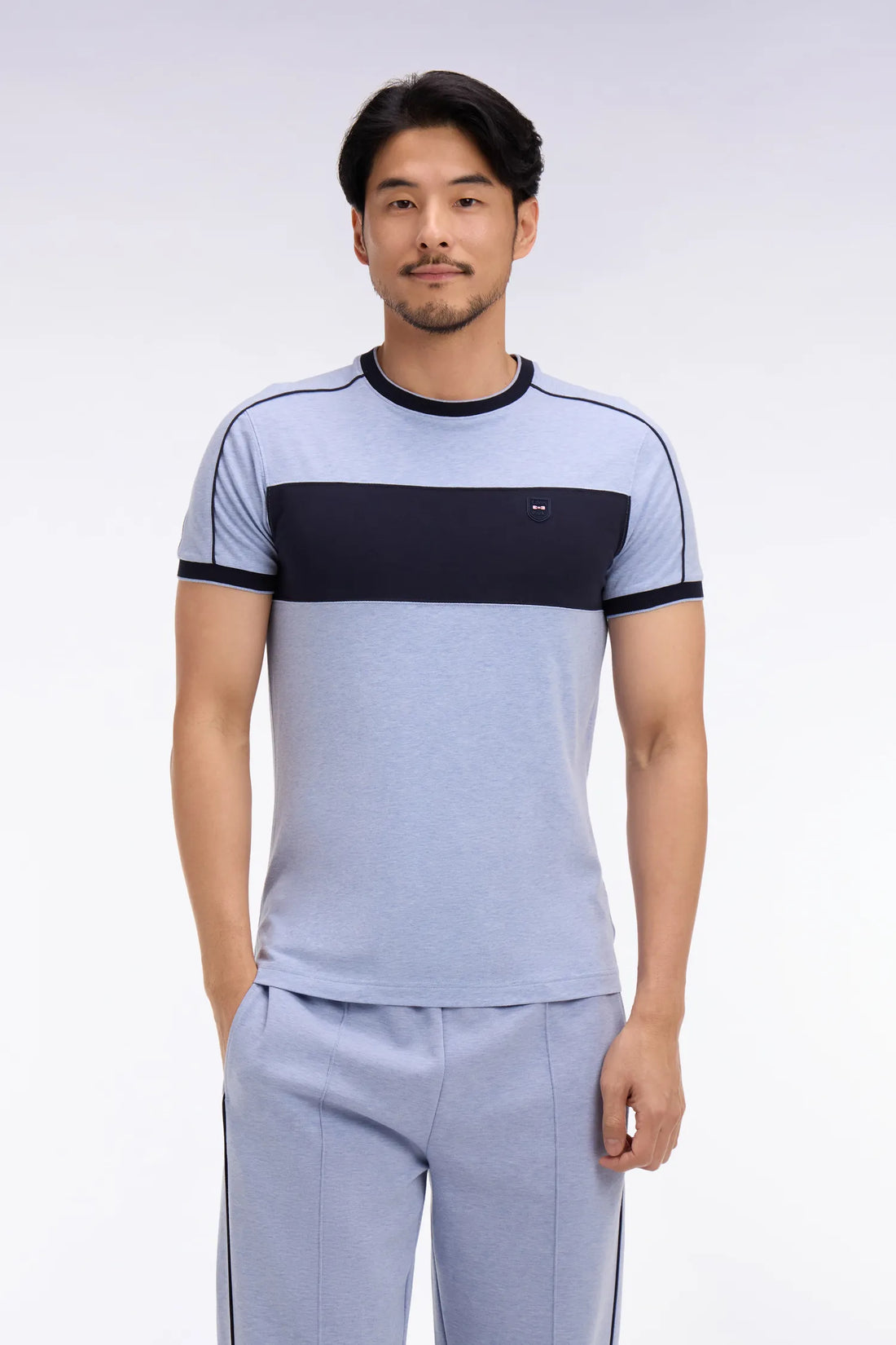 Eden Park Sky Blue Men Short-Sleeved Slim-Fit Stretch Cotton T-Shirt in Sky Blue with Cutouts SKU: E26MAITC0011_BLC21 Image 01