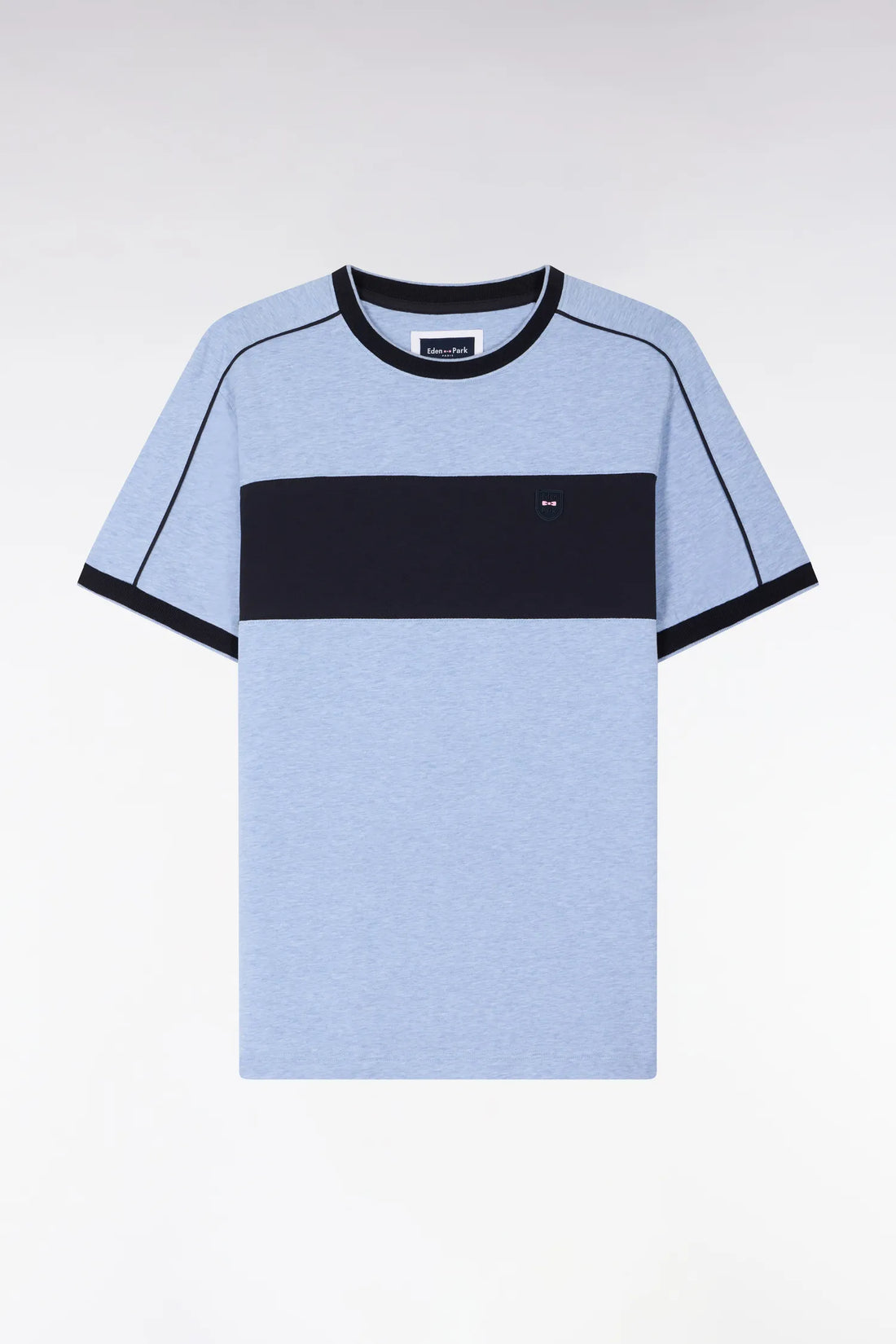Eden Park Sky Blue Men Short-Sleeved Slim-Fit Stretch Cotton T-Shirt in Sky Blue with Cutouts SKU: E26MAITC0011_BLC21 Image 02