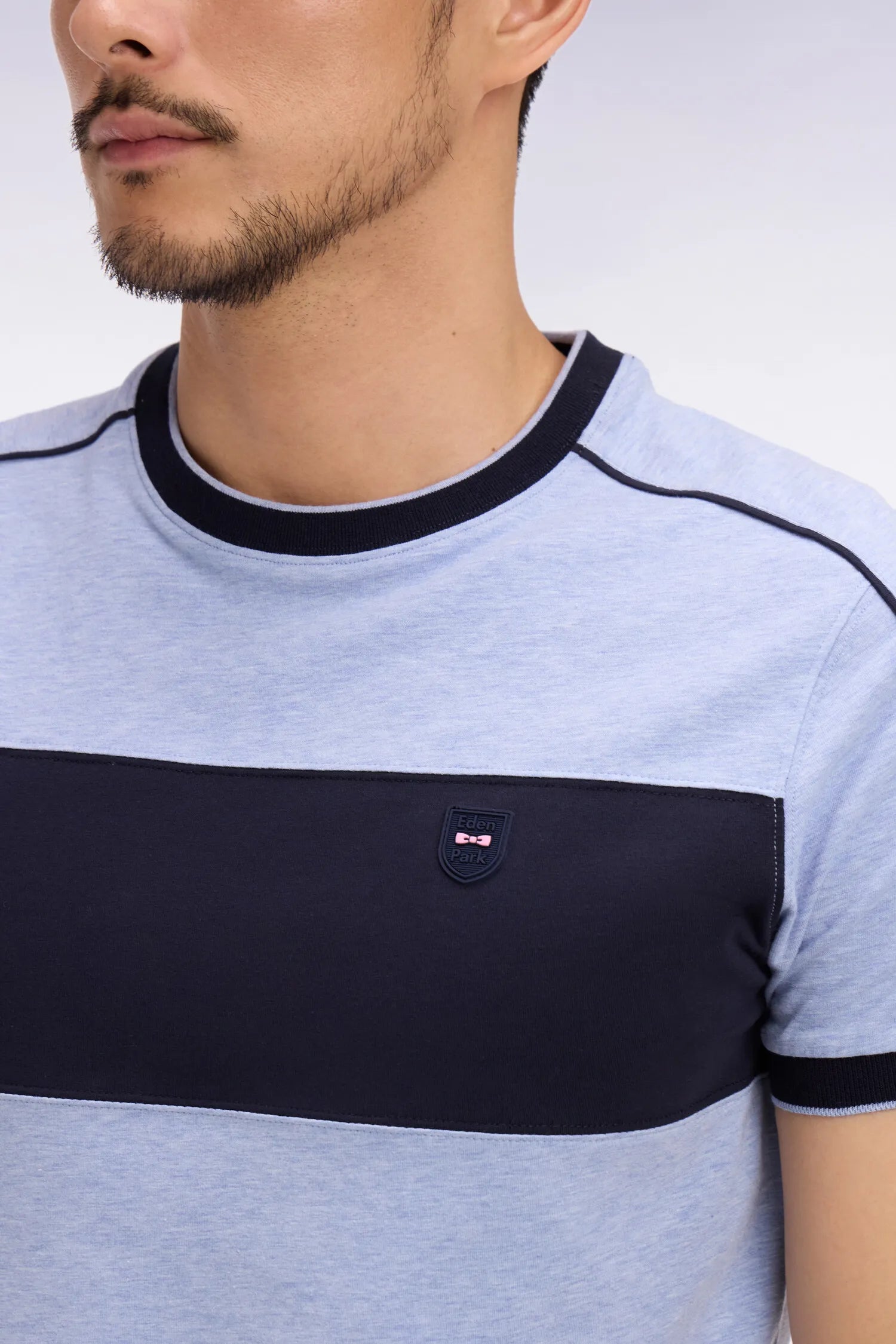 Eden Park Sky Blue Men Short-Sleeved Slim-Fit Stretch Cotton T-Shirt in Sky Blue with Cutouts SKU: E26MAITC0011_BLC21 Image 04