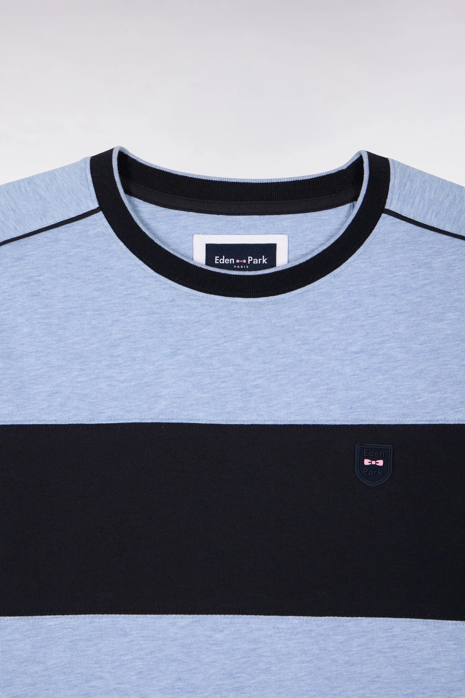 Eden Park Sky Blue Men Short-Sleeved Slim-Fit Stretch Cotton T-Shirt in Sky Blue with Cutouts SKU: E26MAITC0011_BLC21 Image 06
