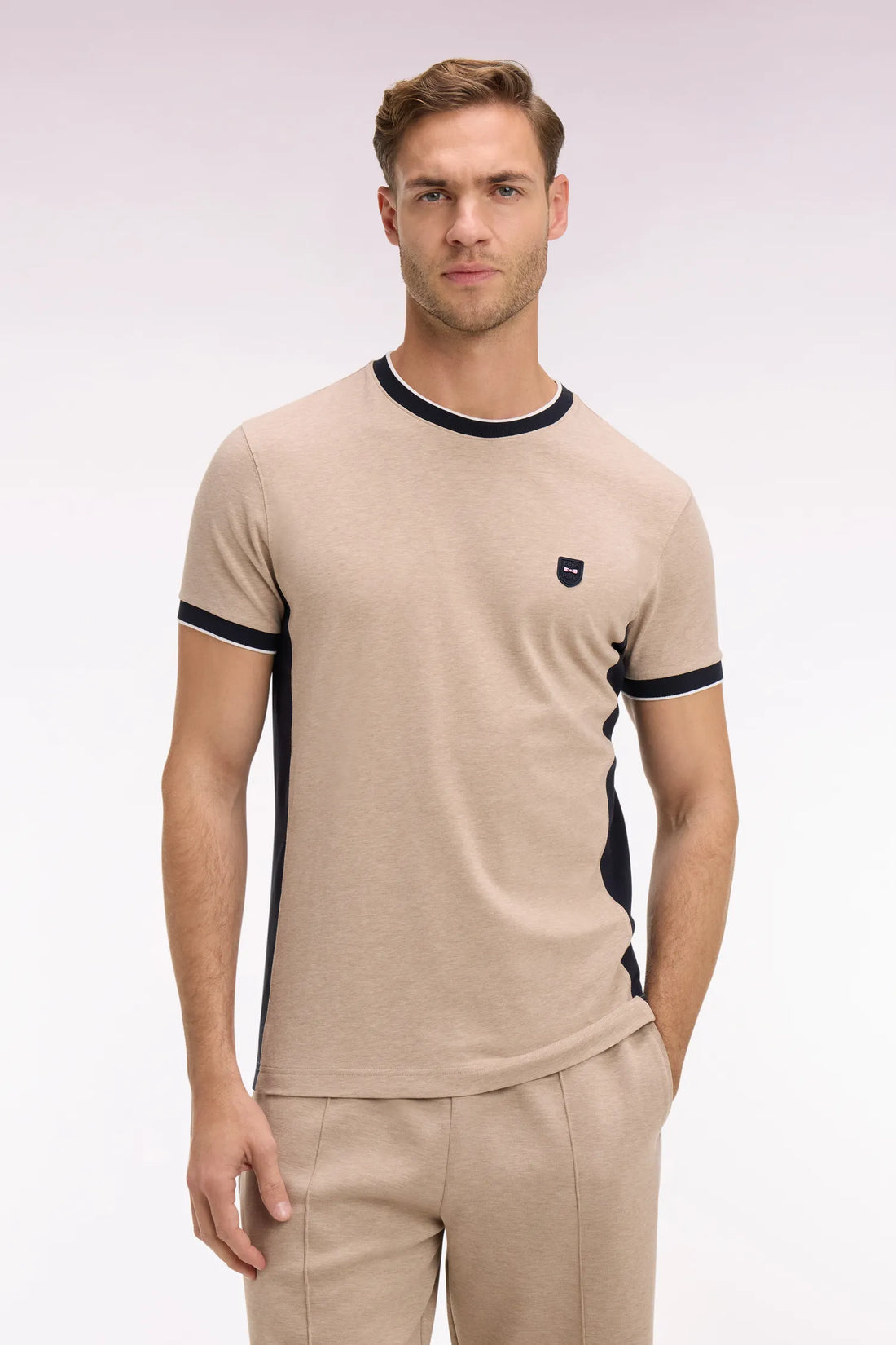 Eden Park Beige Men Short-Sleeved Beige Stretch Cotton T-Shirt with Slim-Fit Cutouts SKU: E26MAITC0013_BEC13 Image 01