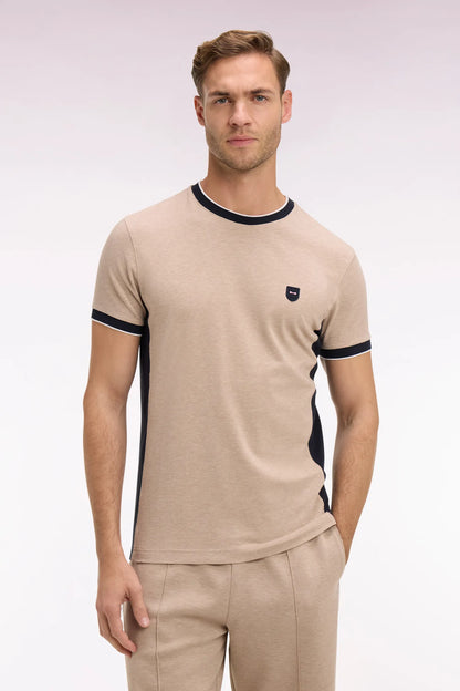 Eden Park Beige Men Short-Sleeved Beige Stretch Cotton T-Shirt with Slim-Fit Cutouts SKU: E26MAITC0013_BEC13 Image 01