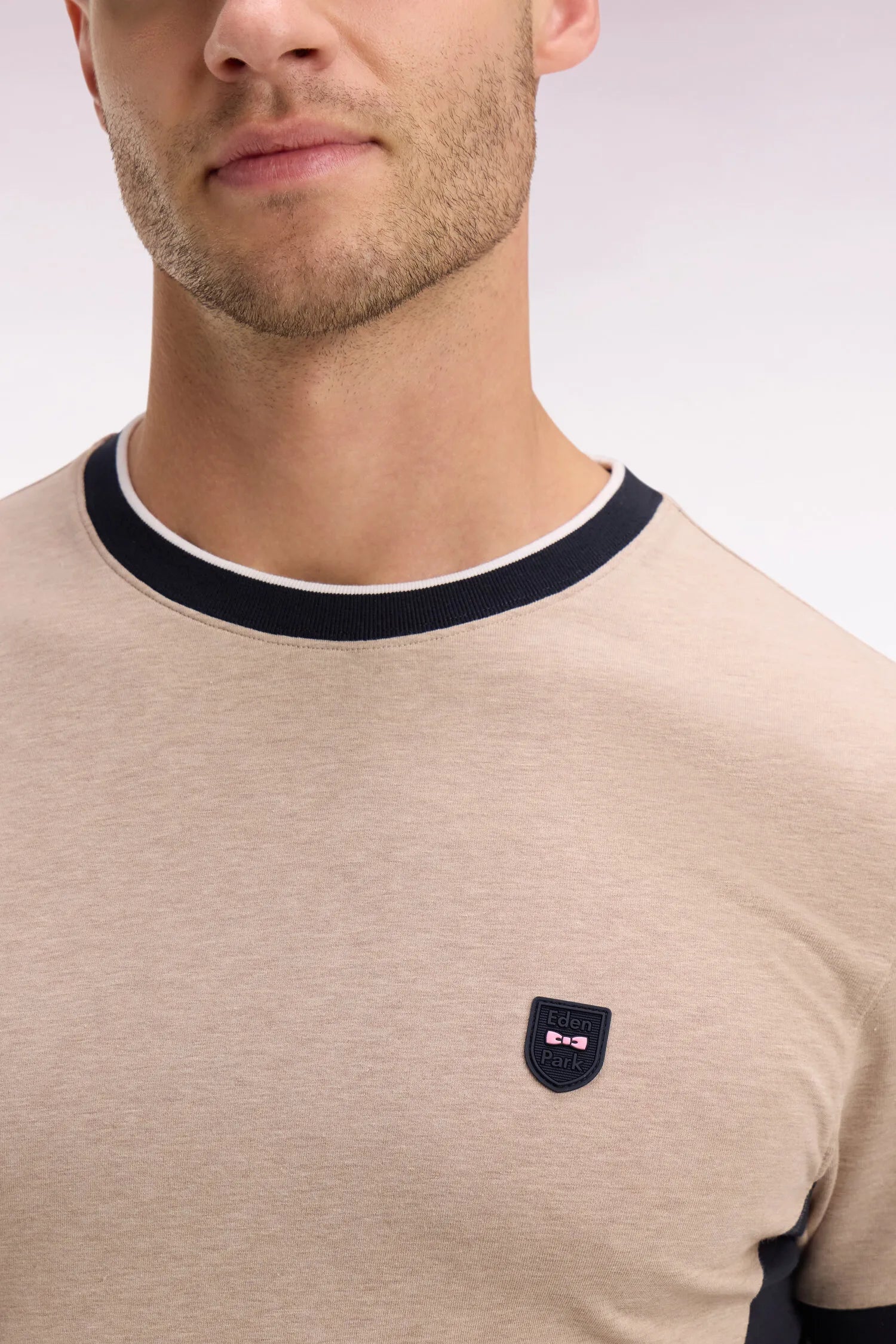 Eden Park Beige Men Short-Sleeved Beige Stretch Cotton T-Shirt with Slim-Fit Cutouts SKU: E26MAITC0013_BEC13 Image 04