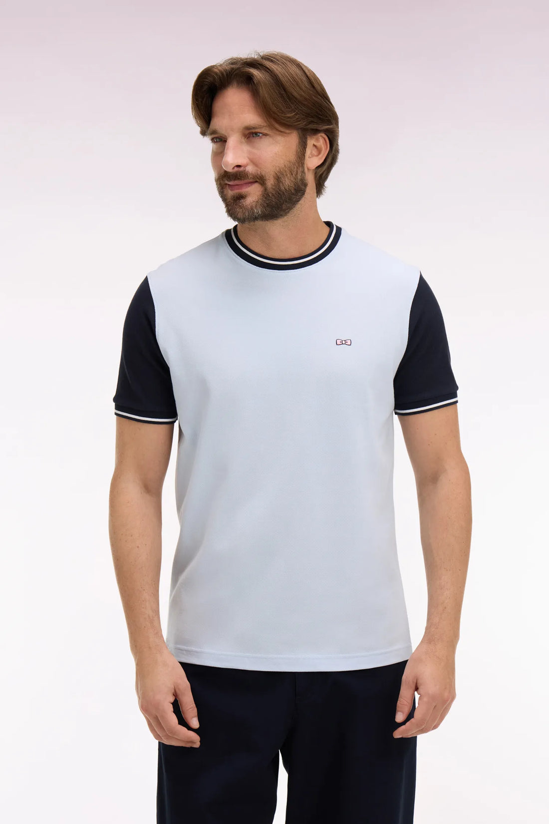 Eden Park Sky Blue Men Short-Sleeved Regular Fit Two-Tone Sky Blue Cotton T-Shirt with Embroidery SKU: E26MAITC0023_BLC25 Image 01