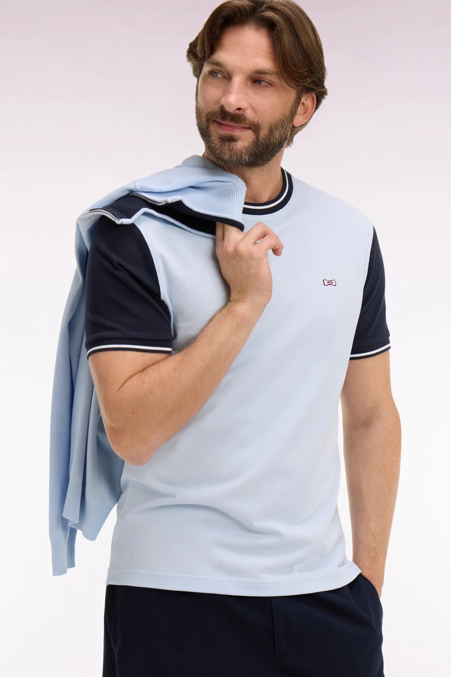 Eden Park Sky Blue Men Short-Sleeved Regular Fit Two-Tone Sky Blue Cotton T-Shirt with Embroidery SKU: E26MAITC0023_BLC25 Image 03