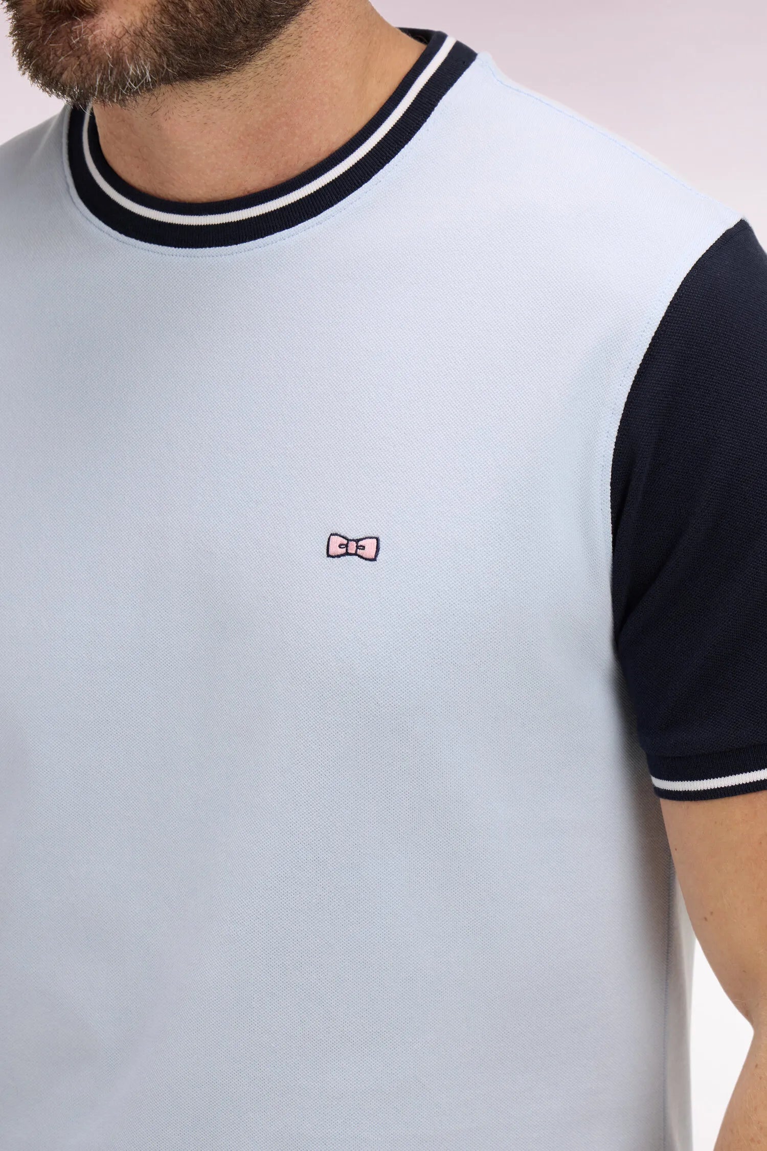Eden Park Sky Blue Men Short-Sleeved Regular Fit Two-Tone Sky Blue Cotton T-Shirt with Embroidery SKU: E26MAITC0023_BLC25 Image 04