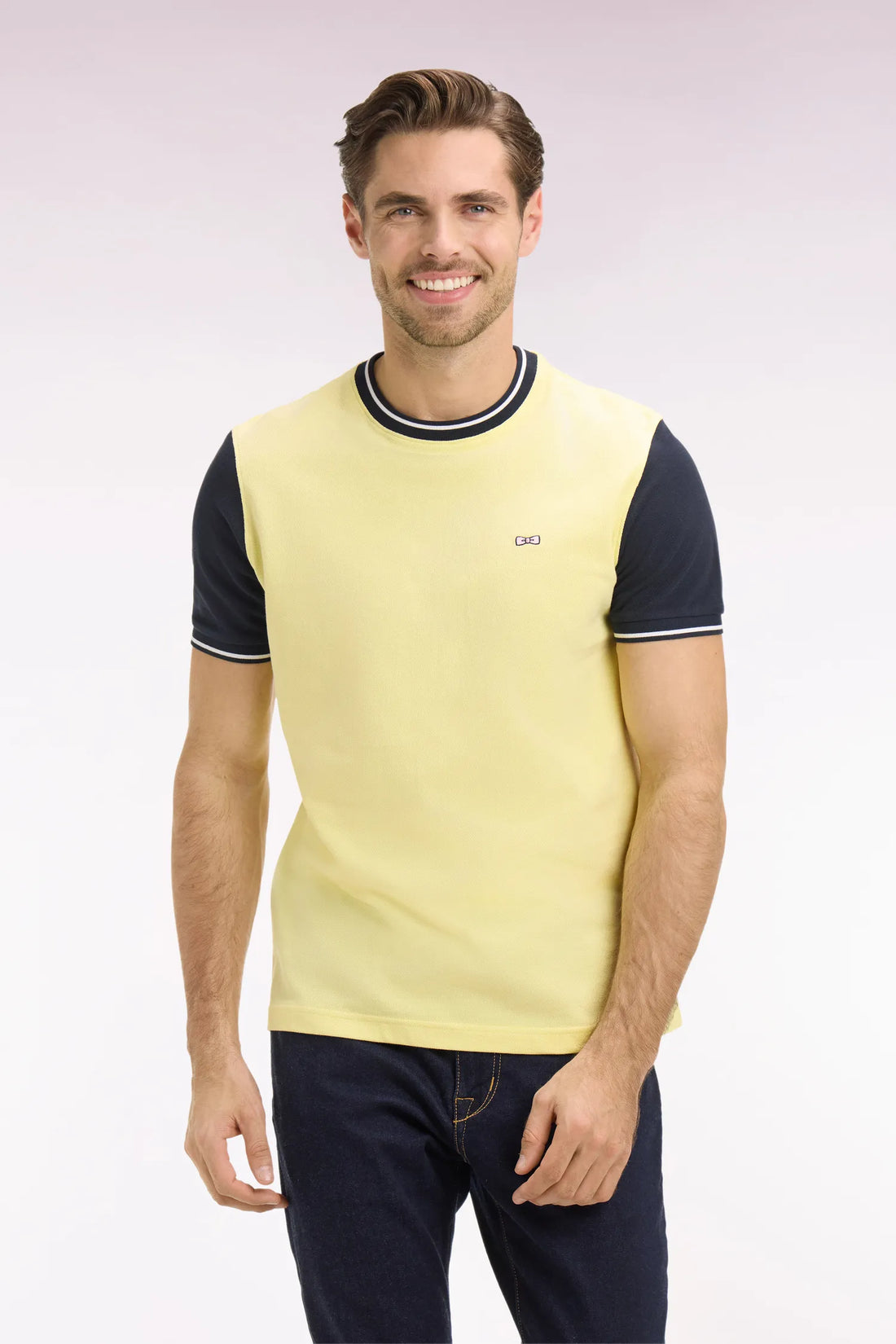 Eden Park Yellow Men Short-Sleeved Regular Fit Two-Tone Yellow Cotton T-Shirt with Embroidery SKU: E26MAITC0023_JAC16 Image 01
