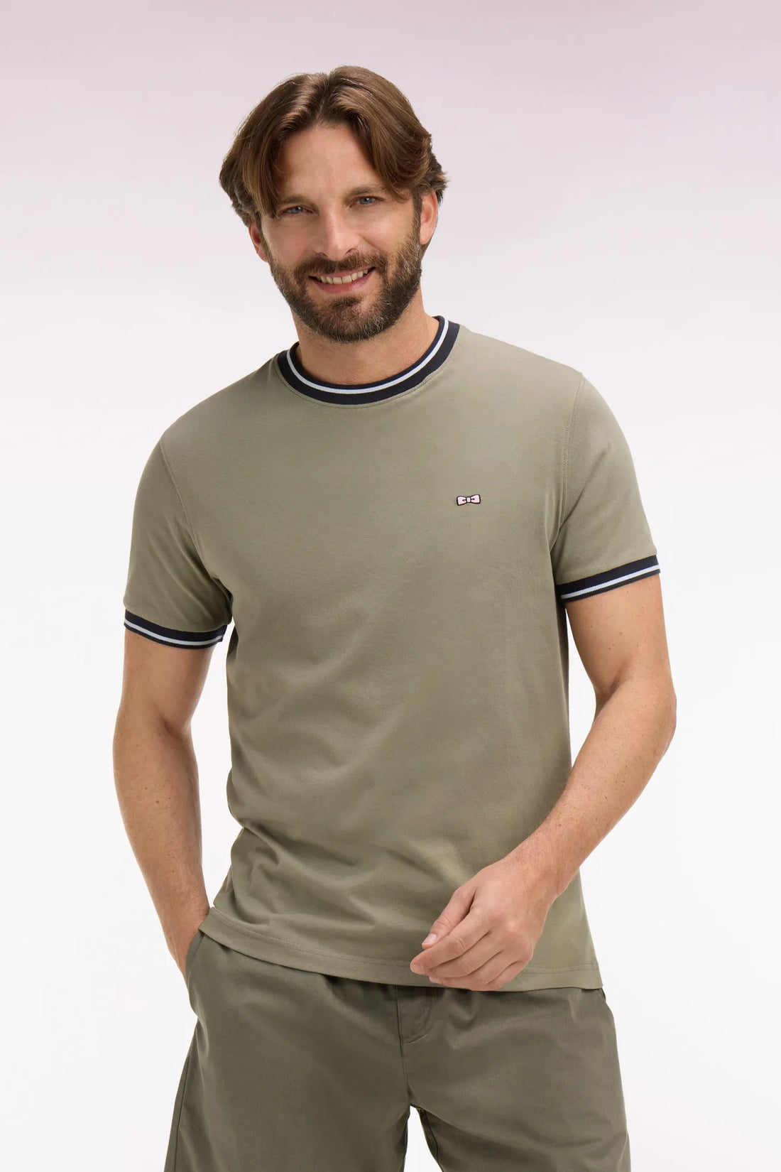 Eden Park Khaki Men Regular Fit Short-Sleeved Khaki Embroidered Cotton T-Shirt SKU: E26MAITC0029_BEF3 Image 01