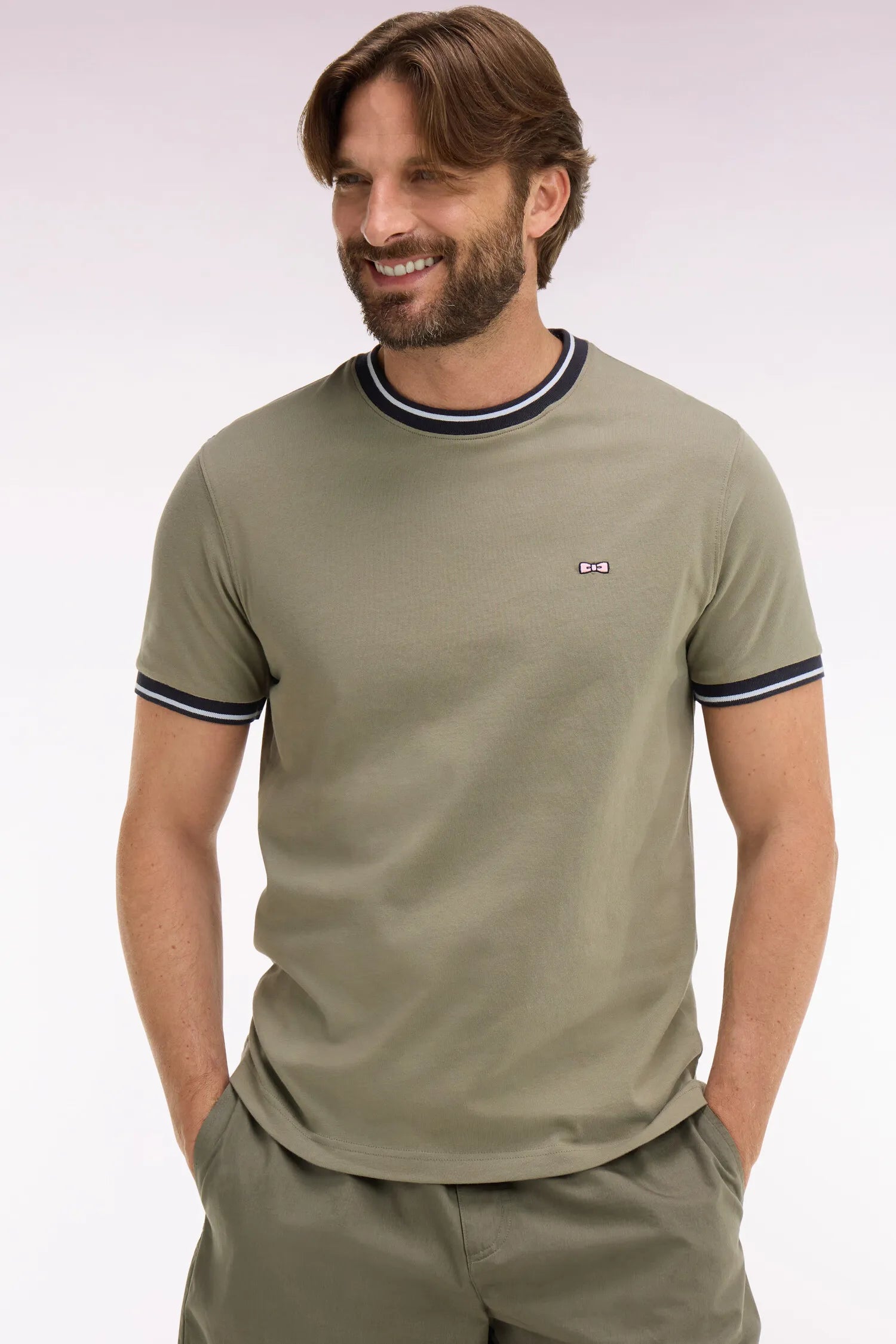 Eden Park Khaki Men Regular Fit Short-Sleeved Khaki Embroidered Cotton T-Shirt SKU: E26MAITC0029_BEF3 Image 03