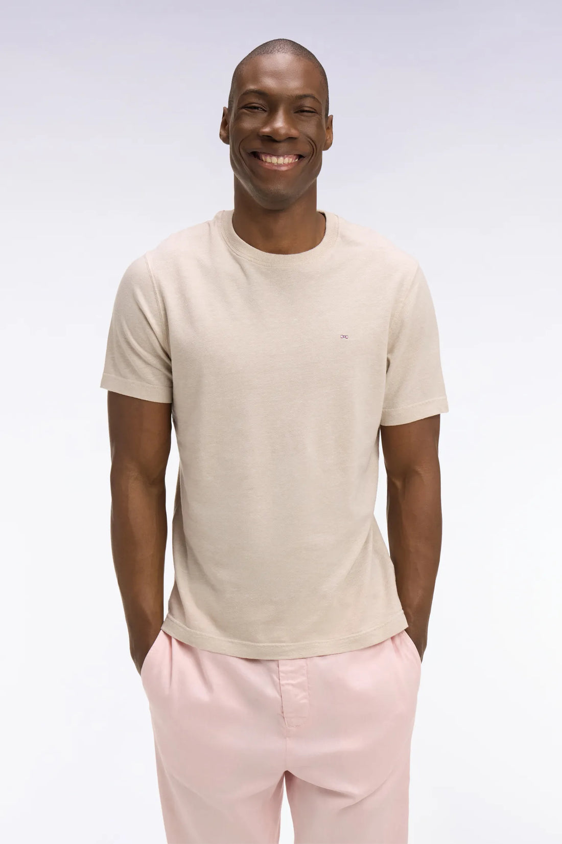 Eden Park Beige Men Short-Sleeved Regular-Fit Beige Cotton and Linen T-Shirt SKU: E26MAITC0034_BEC18 Image 01