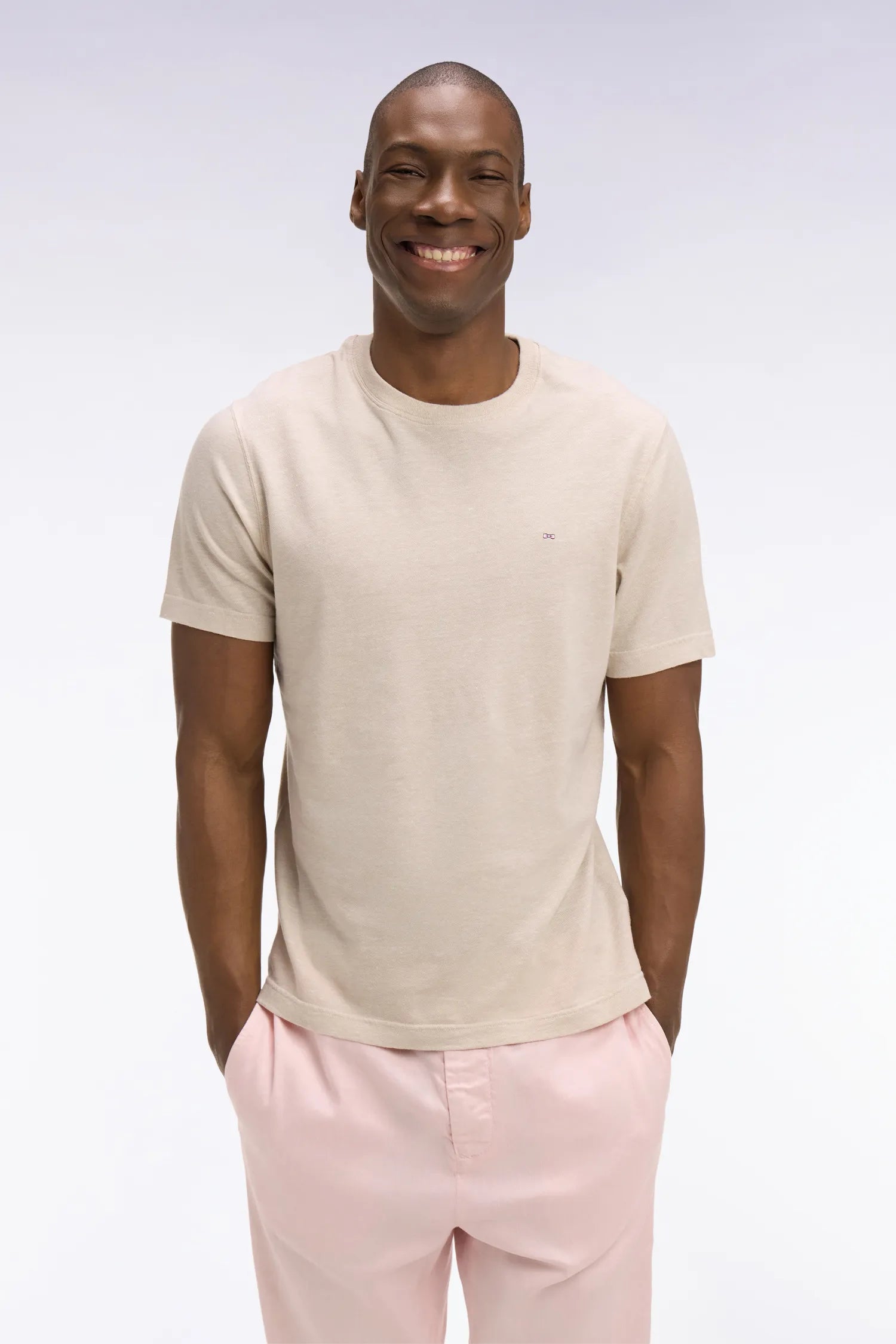 Eden Park Beige Men Short-Sleeved Regular-Fit Beige Cotton and Linen T-Shirt SKU: E26MAITC0034_BEC18 Image 01