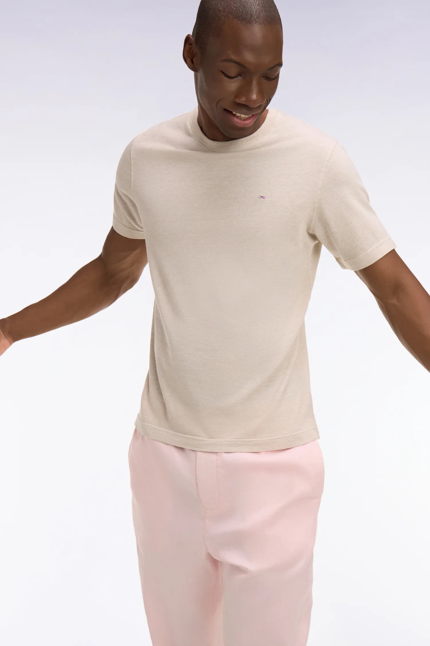 Eden Park Beige Men Short-Sleeved Regular-Fit Beige Cotton and Linen T-Shirt SKU: E26MAITC0034_BEC18 Image 03