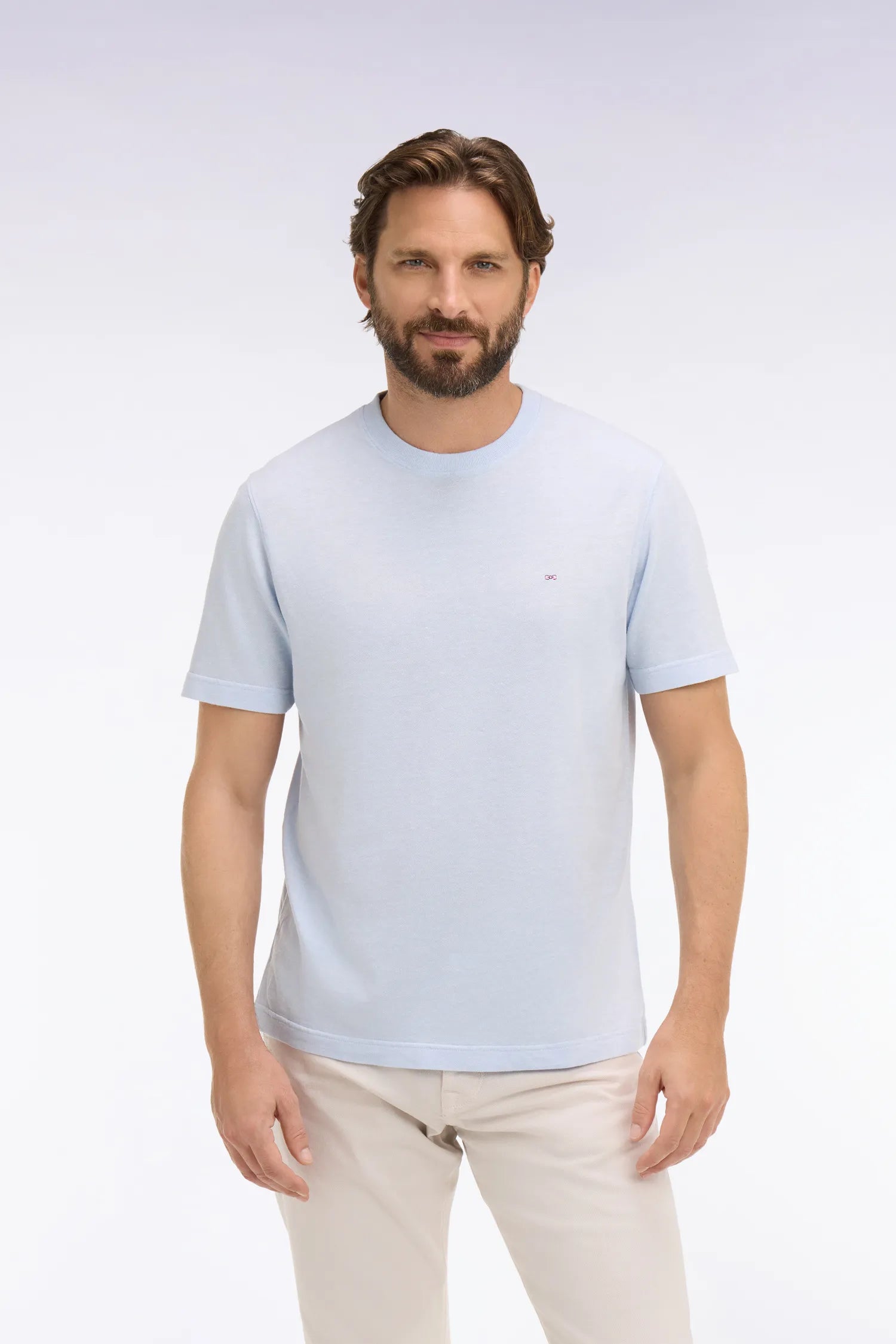 Eden Park Sky Blue Men Sky Blue Short-Sleeved Regular Fit Cotton and Linen T-Shirt SKU: E26MAITC0034_BLC6 Image 01