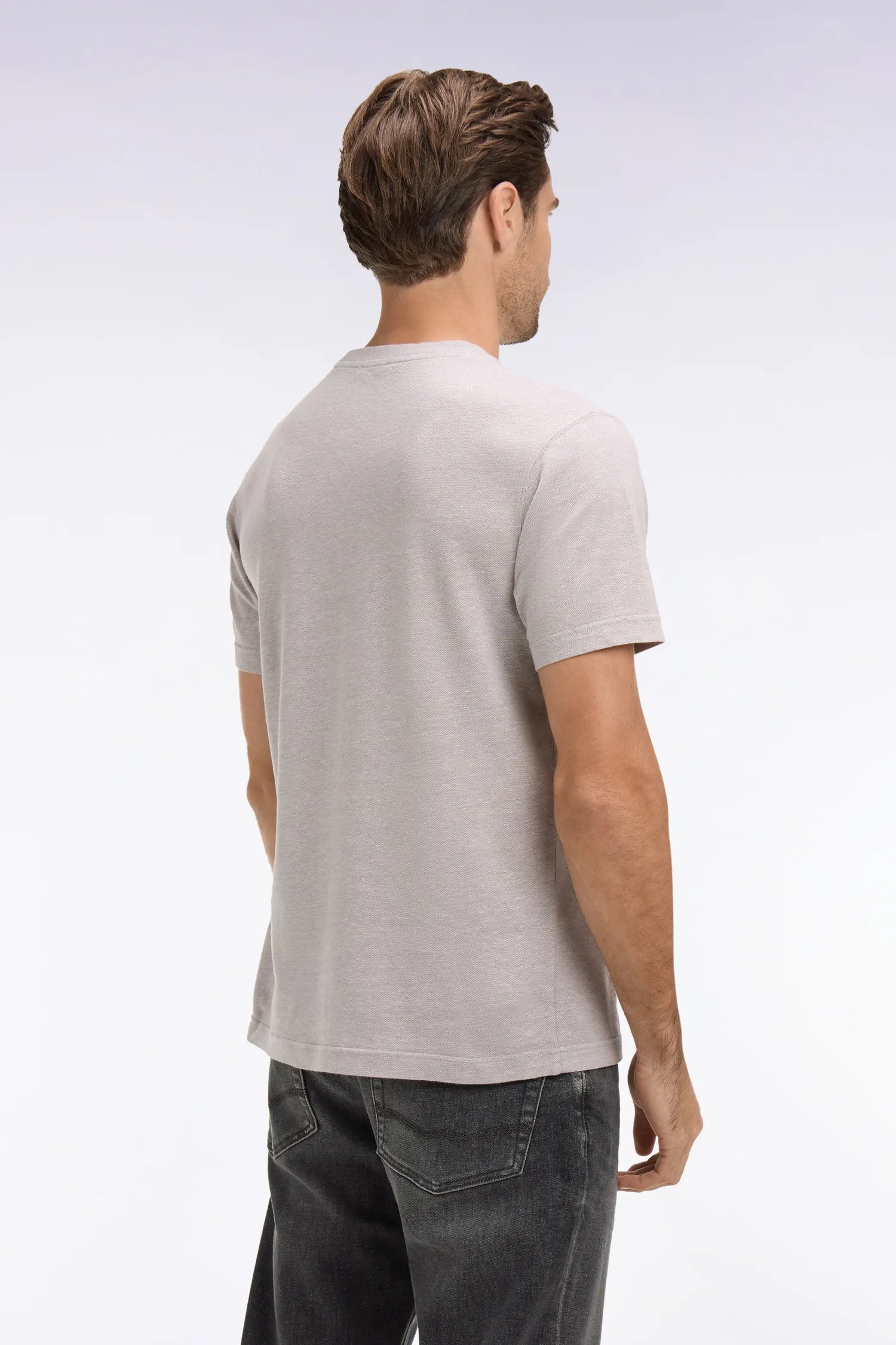 Eden Park Grey Men Regular Fit Short-Sleeved T-Shirt in Grey Cotton and Linen SKU: E26MAITC0034_GRM5 Image 05