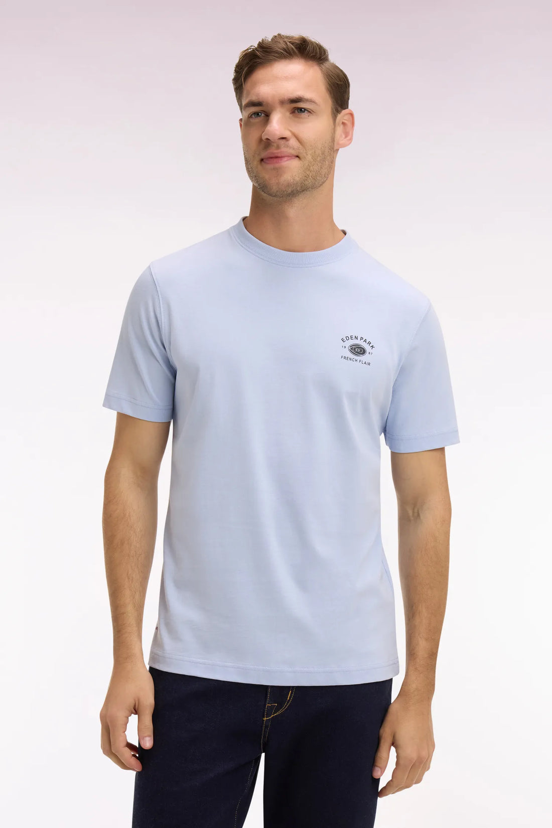 Eden Park Sky Blue Men Sky Blue Regular Fit Short-Sleeved Screen-Printed T-Shirt SKU: E26MAITC0065_BLC6 Image 01