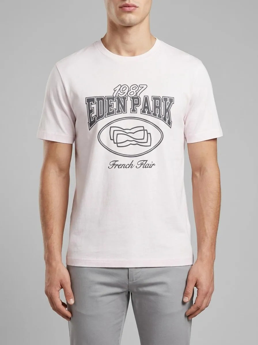 Eden Park 0 Men Short-Sleeved T-Shirt in Ecru Cotton with Navy Screen Print SKU: E26MAITC0070_ECC Image 00