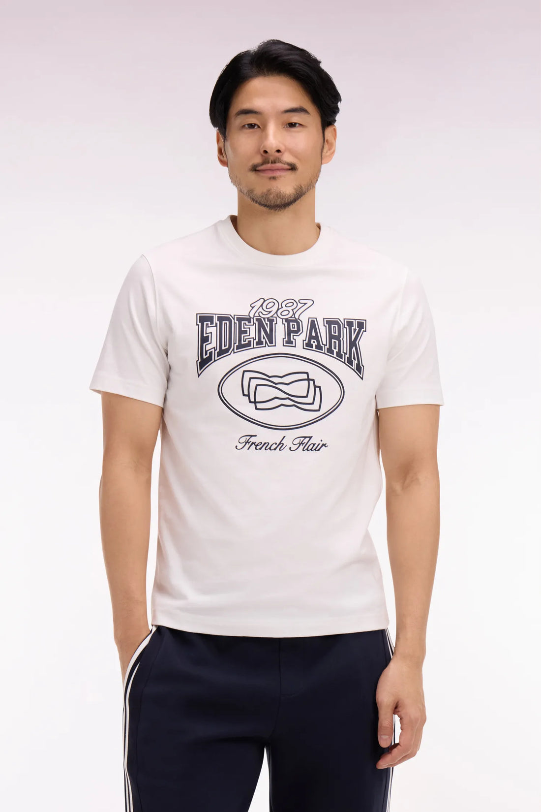 Eden Park 0 Men Short-Sleeved T-Shirt in Ecru Cotton with Navy Screen Print SKU: E26MAITC0070_ECC Image 01