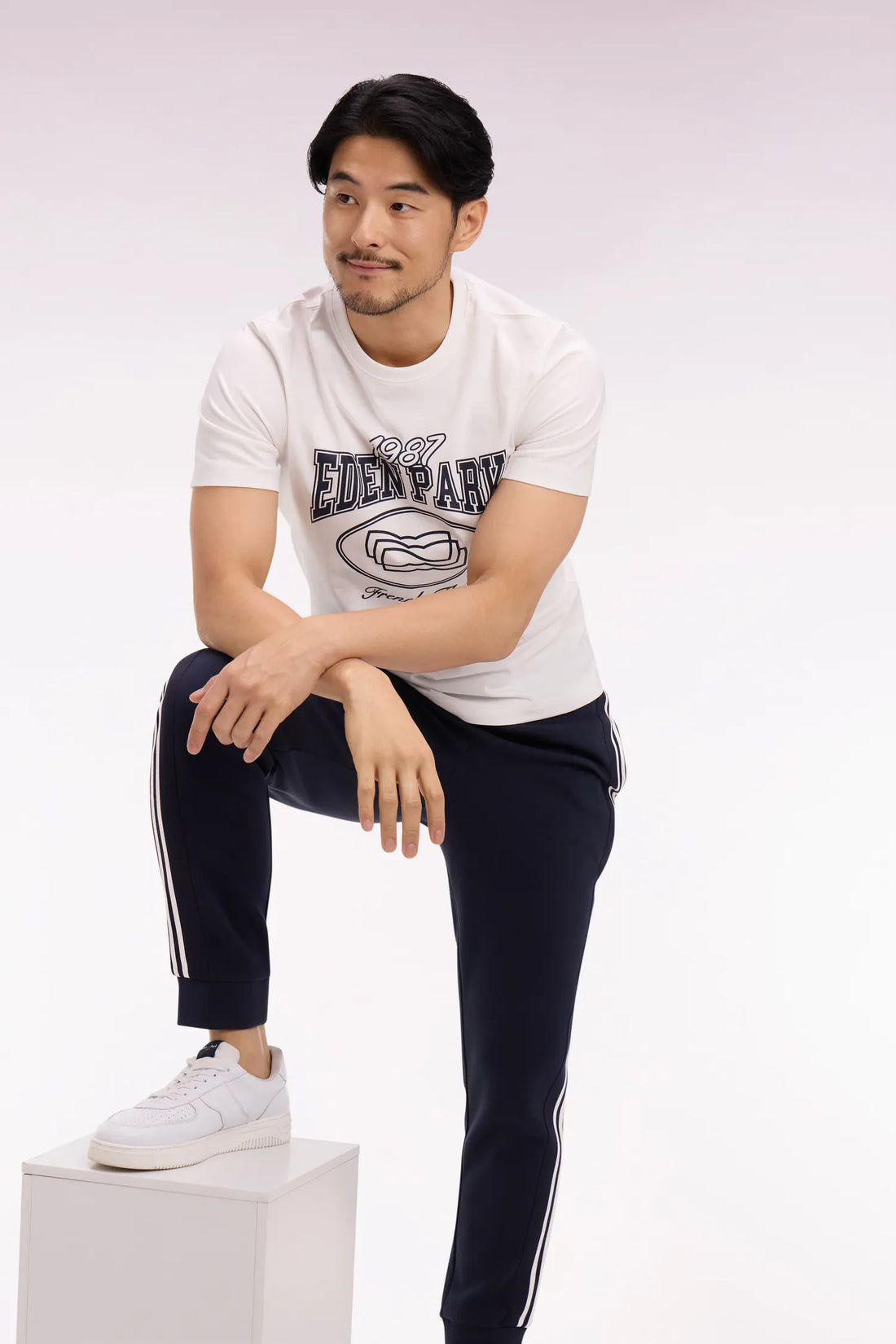 Eden Park 0 Men Short-Sleeved T-Shirt in Ecru Cotton with Navy Screen Print SKU: E26MAITC0070_ECC Image 02