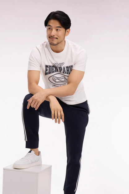 Eden Park 0 Men Short-Sleeved T-Shirt in Ecru Cotton with Navy Screen Print SKU: E26MAITC0070_ECC Image 02