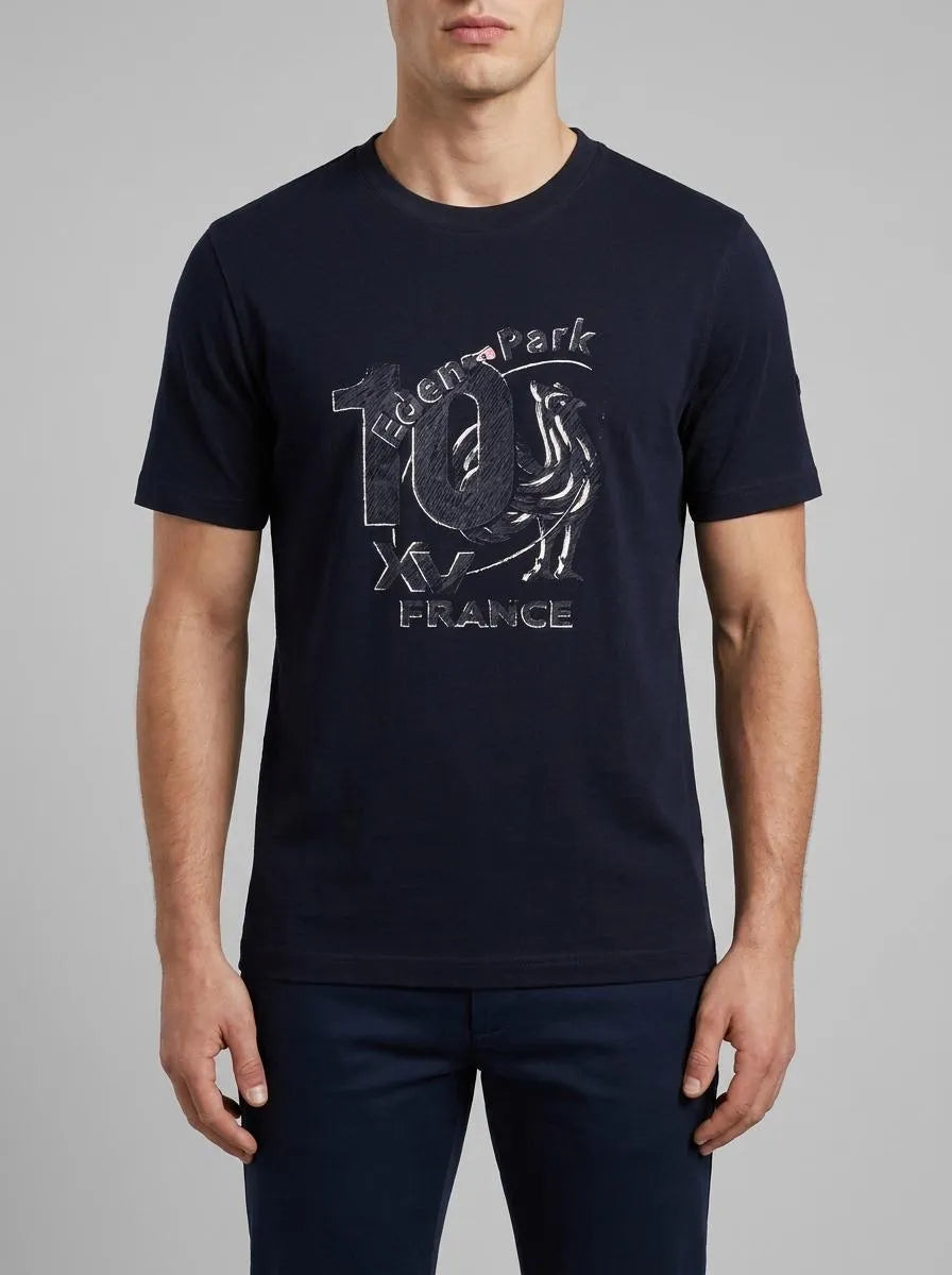 Eden Park 0 Men France XV Short-Sleeved T-Shirt in Navy Cotton with Screen Print SKU: E26MAITC0079_BLF Image 00