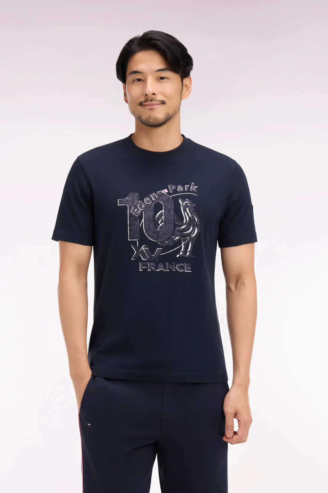 Eden Park 0 Men France XV Short-Sleeved T-Shirt in Navy Cotton with Screen Print SKU: E26MAITC0079_BLF Image 01