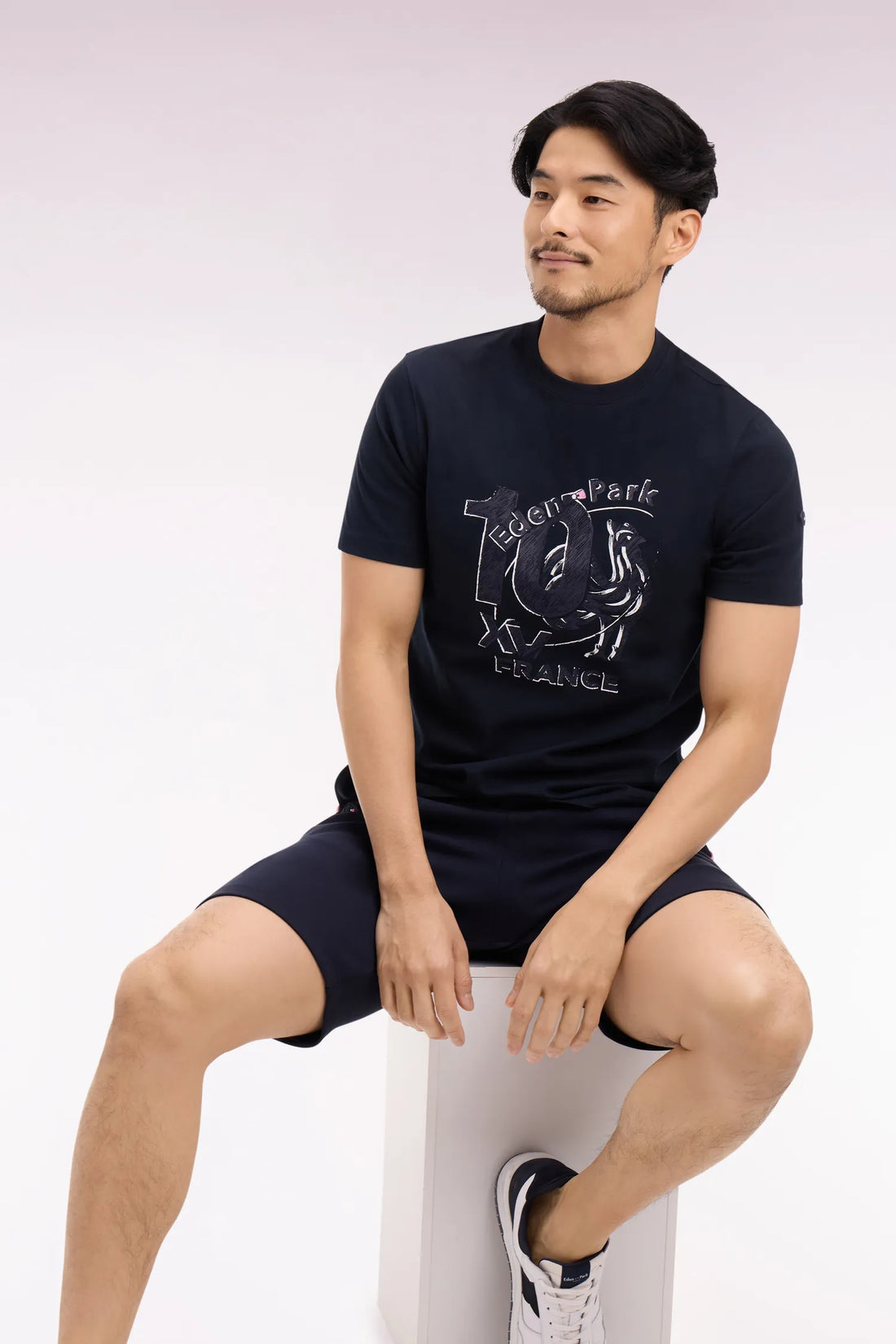 Eden Park 0 Men France XV Short-Sleeved T-Shirt in Navy Cotton with Screen Print SKU: E26MAITC0079_BLF Image 02