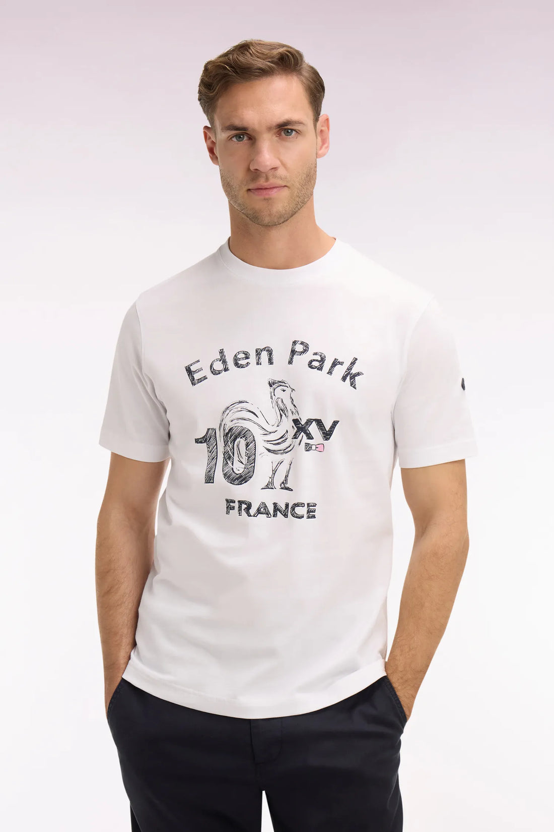 Eden Park White Men Regular Fit France Xv Short-Sleeved T-Shirt in White Cotton with Screen Print SKU: E26MAITC0080_BC Image 01