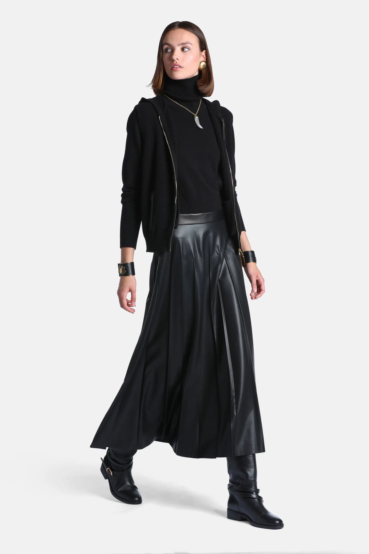 Luisa Spagnoli Nero Women Fabula - Pleated Synthetic Leather Maxi Skirt SKU: FABULA_0101 Image 04