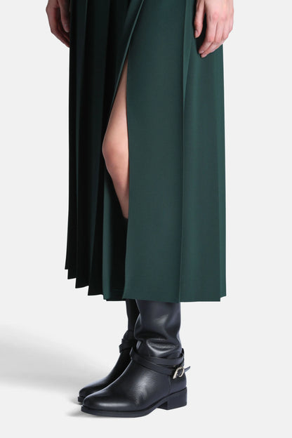 Luisa Spagnoli Verde Bottiglia Women Festone - Pleated Maxi Skirt with Slit SKU: FESTONE_2046 Image 02