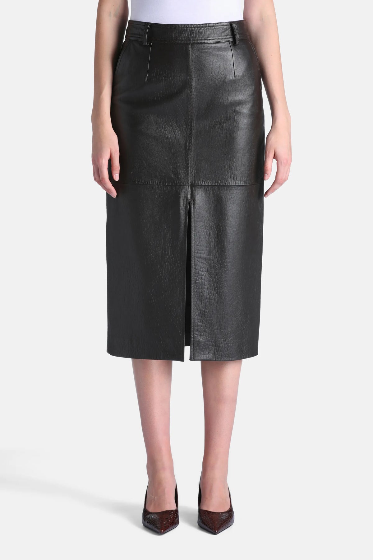Luisa Spagnoli Marrone Women Fidente Leather Midi Pencil Skirt - Fashion Show SKU: FIDENTE_0996 Image 01