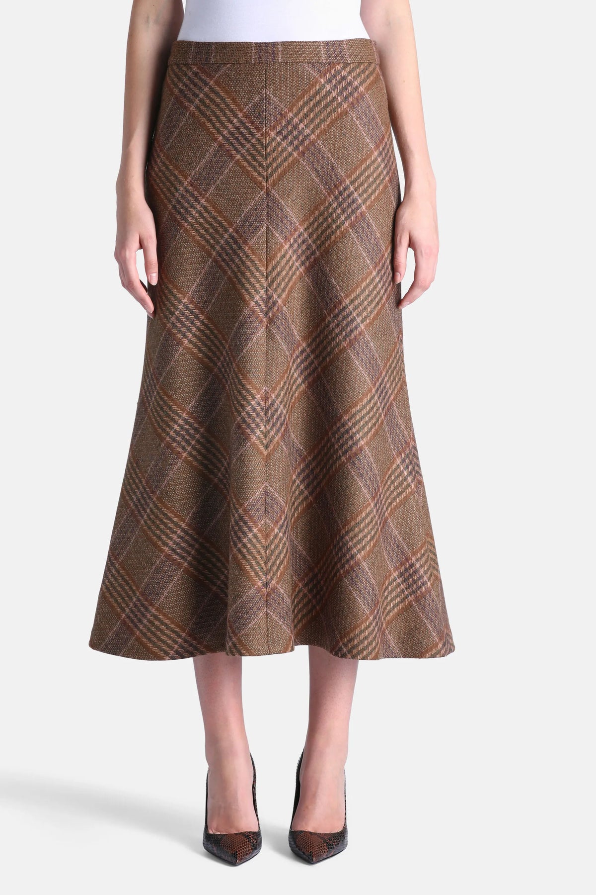Luisa Spagnoli Var Noce Verde Oliva Women Francobollo - Flared Tartan Midi Skirt SKU: FRANCOBOLLO_3372 Image 01