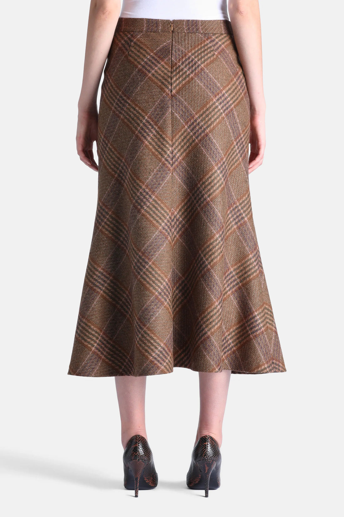 Luisa Spagnoli Var Noce Verde Oliva Women Francobollo - Flared Tartan Midi Skirt SKU: FRANCOBOLLO_3372 Image 02