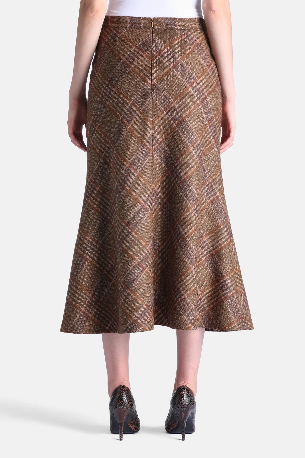 Luisa Spagnoli Var Noce Verde Oliva Women Francobollo - Flared Tartan Midi Skirt SKU: FRANCOBOLLO_3372 Image 02
