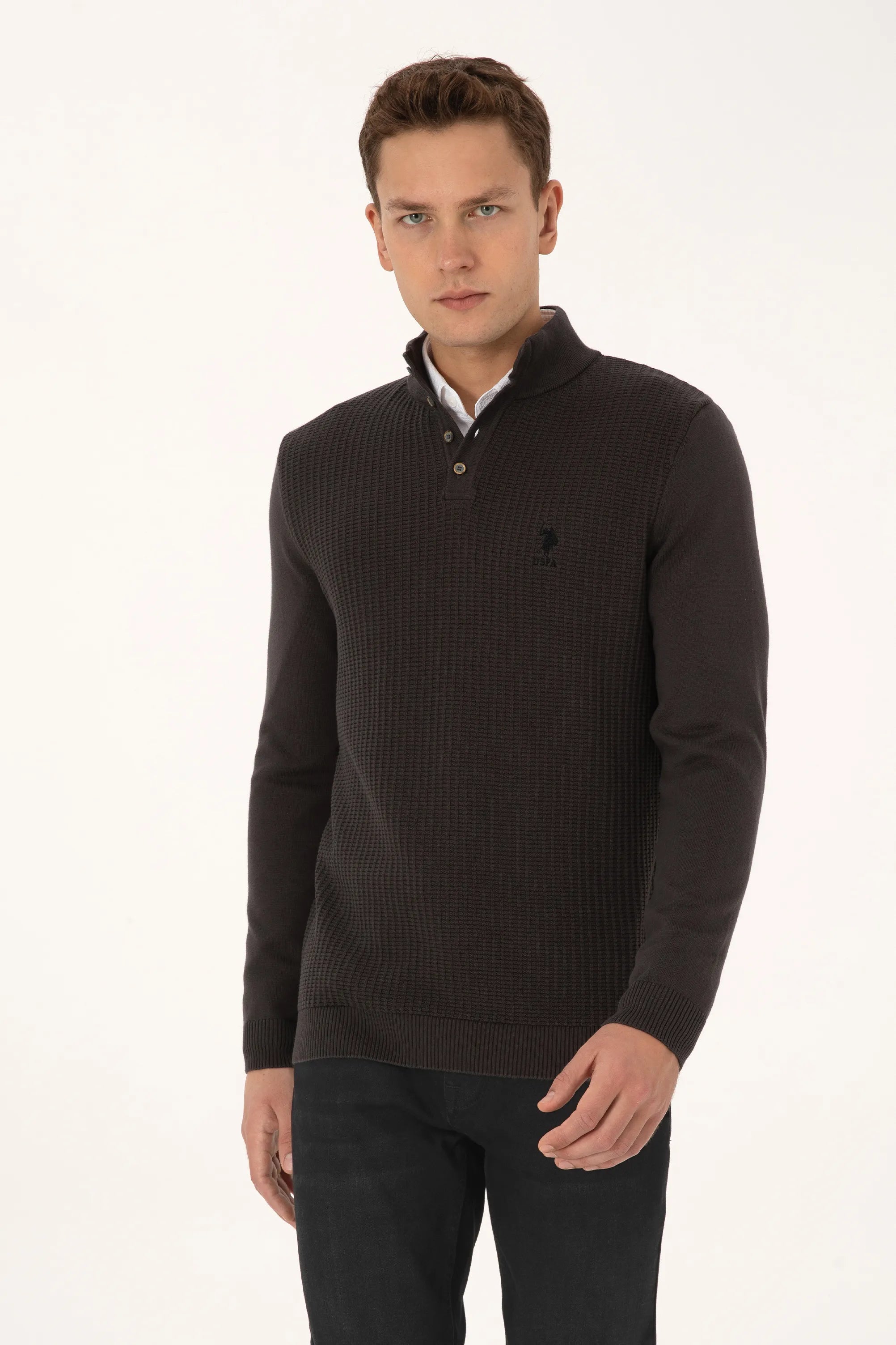 U.S. Polo Assn._Anthracite Mela_Anthracite Mela Knitted Polo Style Sweater_G081GL0TK0 2239182_VR081_03