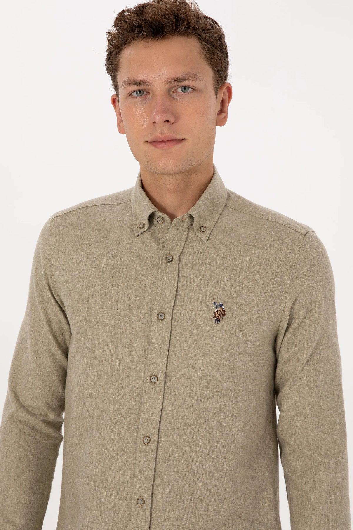 U.S. Polo Assn. Light Khaki Men Light Khaki Long Sleeve Flannel Shirt SKU: G081SZ0040 2225603_VR183 Image 02