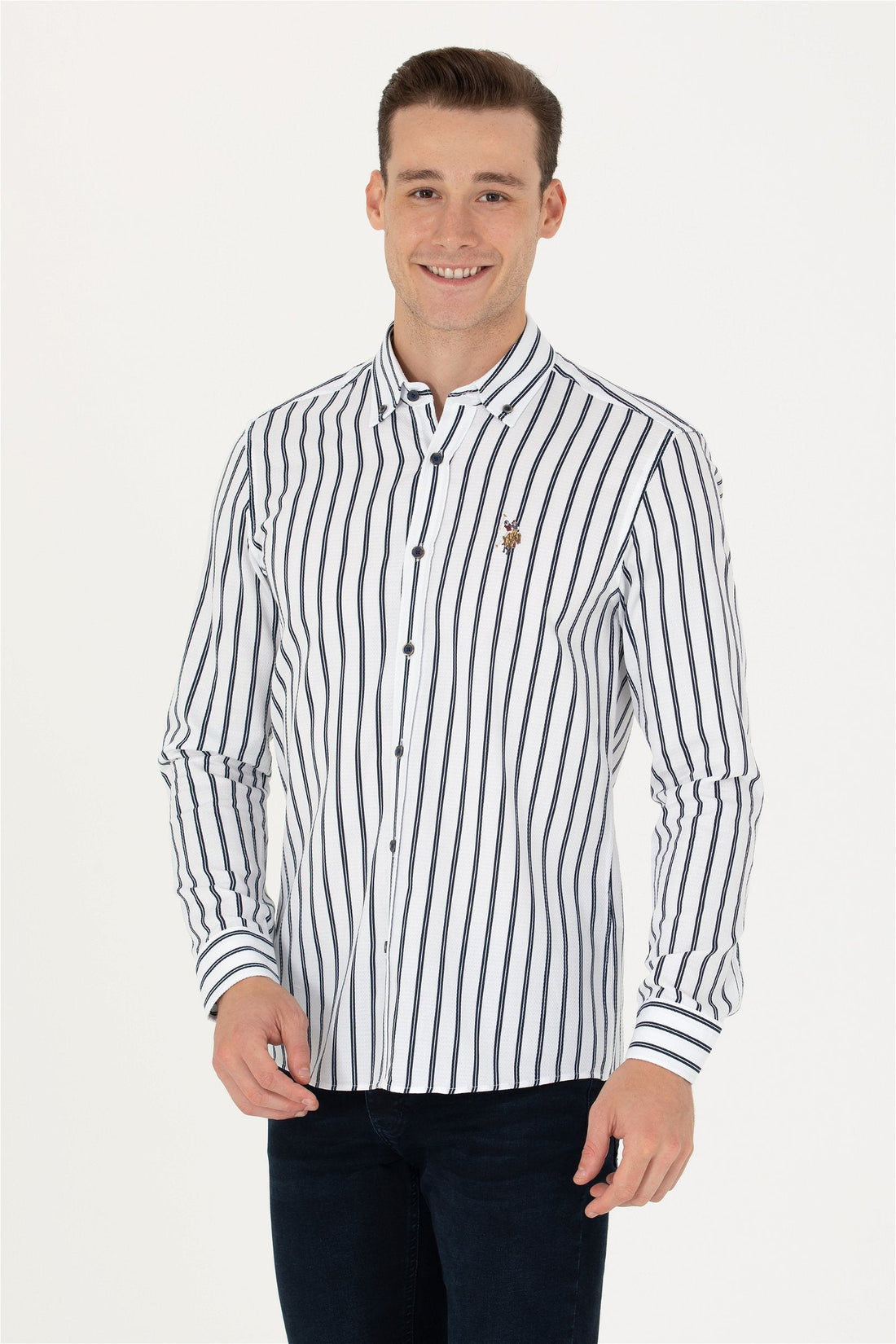 White Shirt With Navy Stripes And Logo_G081SZ0040 1763446_VR033_01