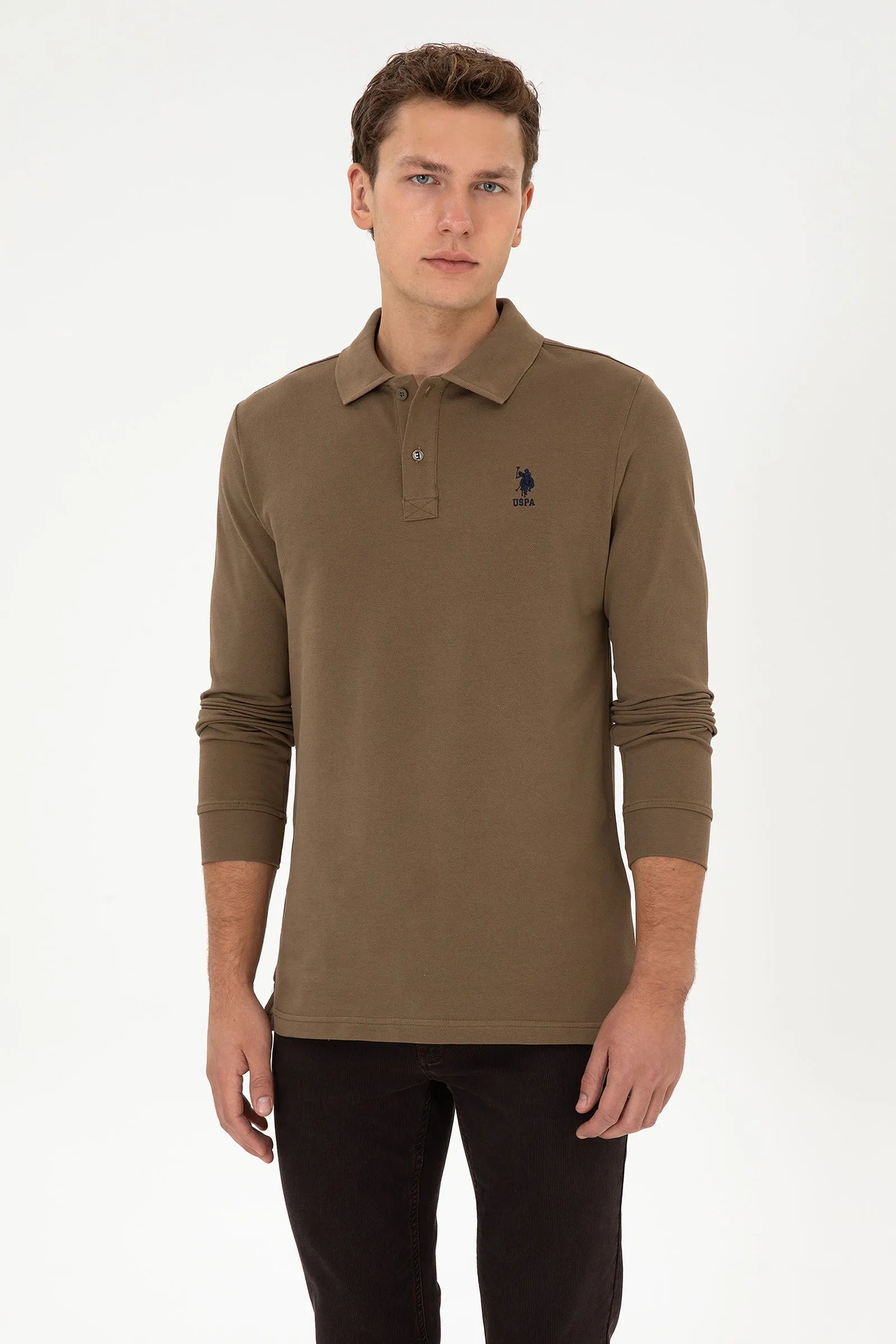 U.S. Polo Assn._Khaki_Khaki Long Sleeve Polo Shirt_G081SZ0820 2226497_VR027_01