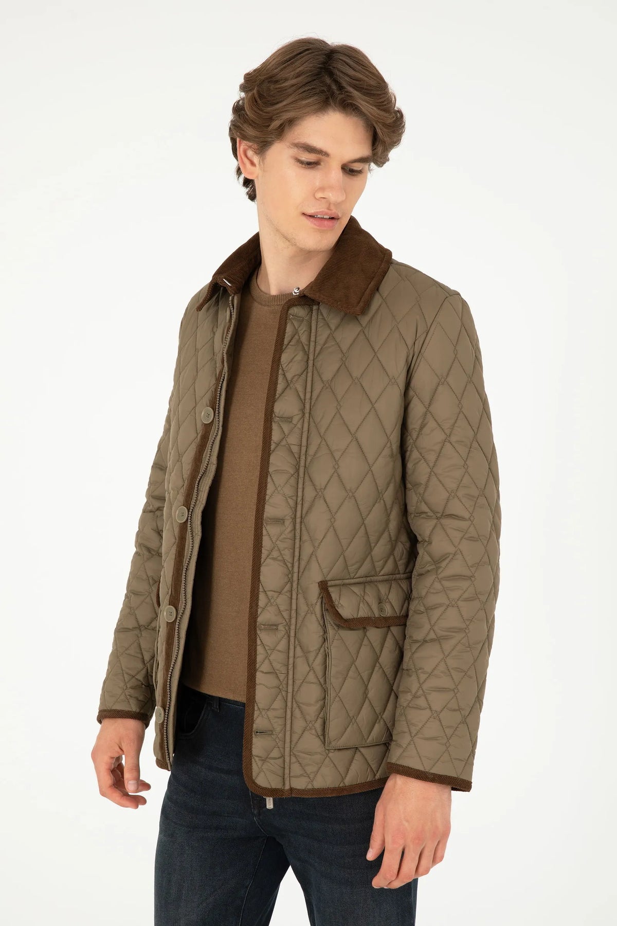 U.S. Polo Assn. Khaki Men Khaki Diamond Quilted Corduroy Collar Puffer Jacket SKU: G081SZ0MS0 1946176_VR027 Image 01