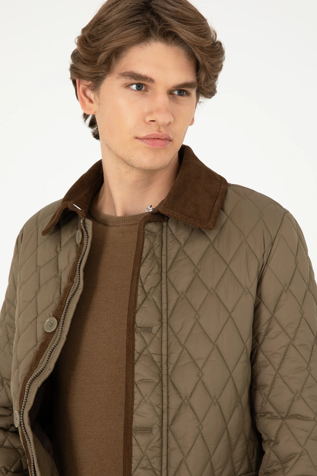 U.S. Polo Assn. Khaki Men Khaki Diamond Quilted Corduroy Collar Puffer Jacket SKU: G081SZ0MS0 1946176_VR027 Image 02