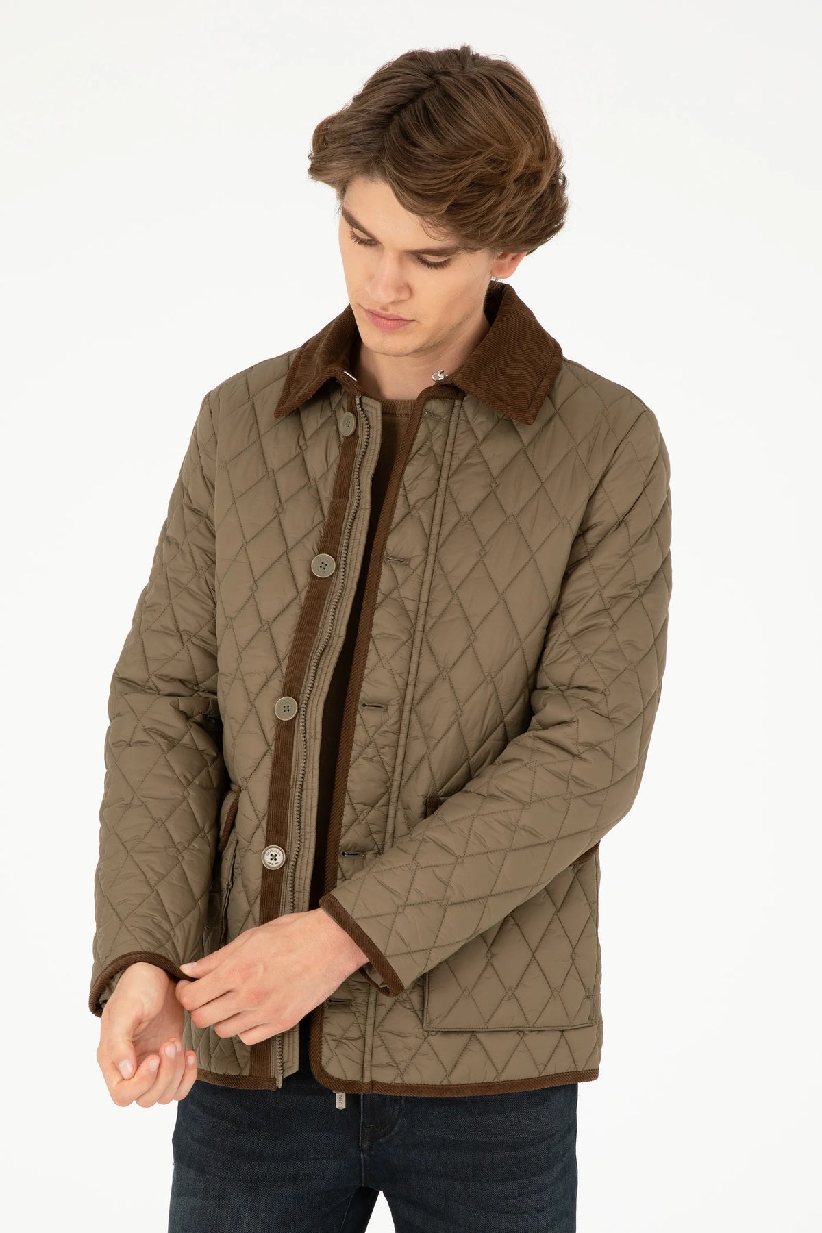 U.S. Polo Assn. Khaki Men Khaki Diamond Quilted Corduroy Collar Puffer Jacket SKU: G081SZ0MS0 1946176_VR027 Image 03
