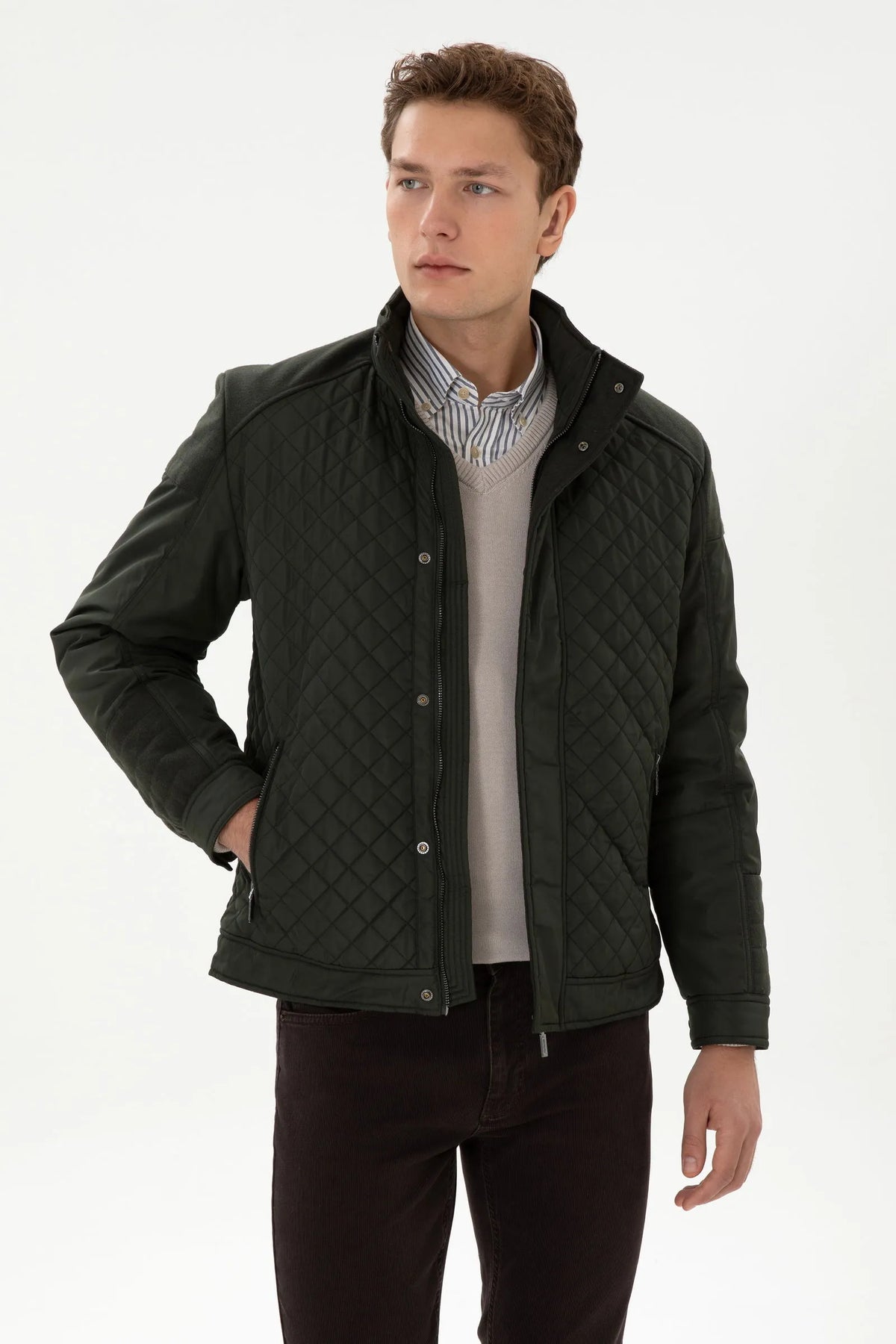 U.S. Polo Assn. Dark Green Men Dark Green Diamond Quilted Stand Collar Puffer Jacket SKU: G081SZ0MS0 2248735_VR079 Image 01