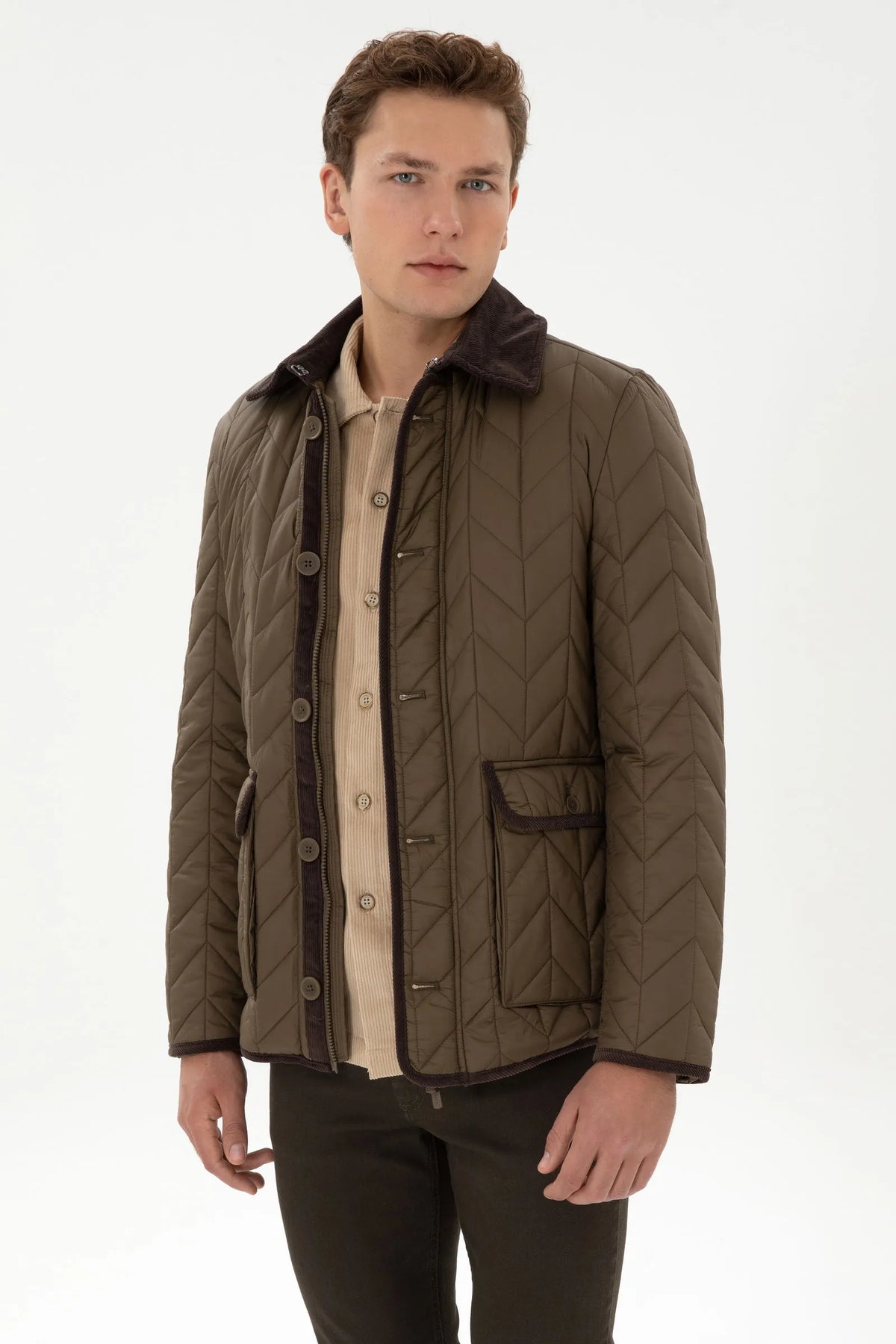 U.S. Polo Assn. Khaki Men Khaki Chevron Quilted Faux Fur Collar Puffer Jacket SKU: G081SZ0MS0 2263158_VR027 Image 01