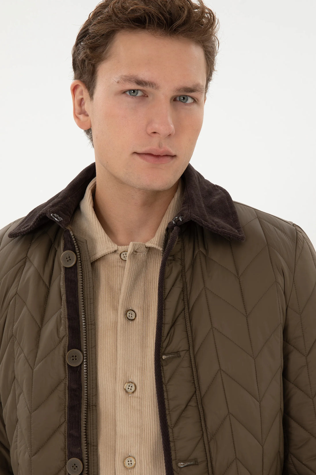 U.S. Polo Assn. Khaki Men Khaki Chevron Quilted Faux Fur Collar Puffer Jacket SKU: G081SZ0MS0 2263158_VR027 Image 02