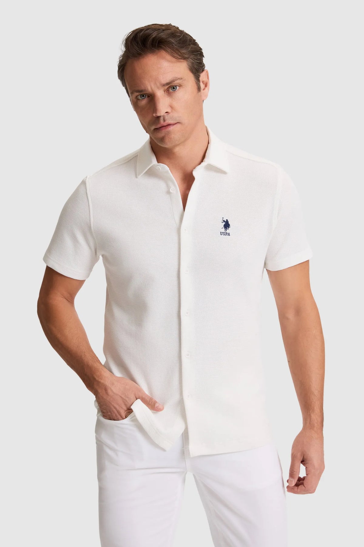 U.S. Polo Assn. White Men White Short Sleeve Textured Polo Shirt SKU: G081SZ0OG0 PU-10230_VR013 Image 01