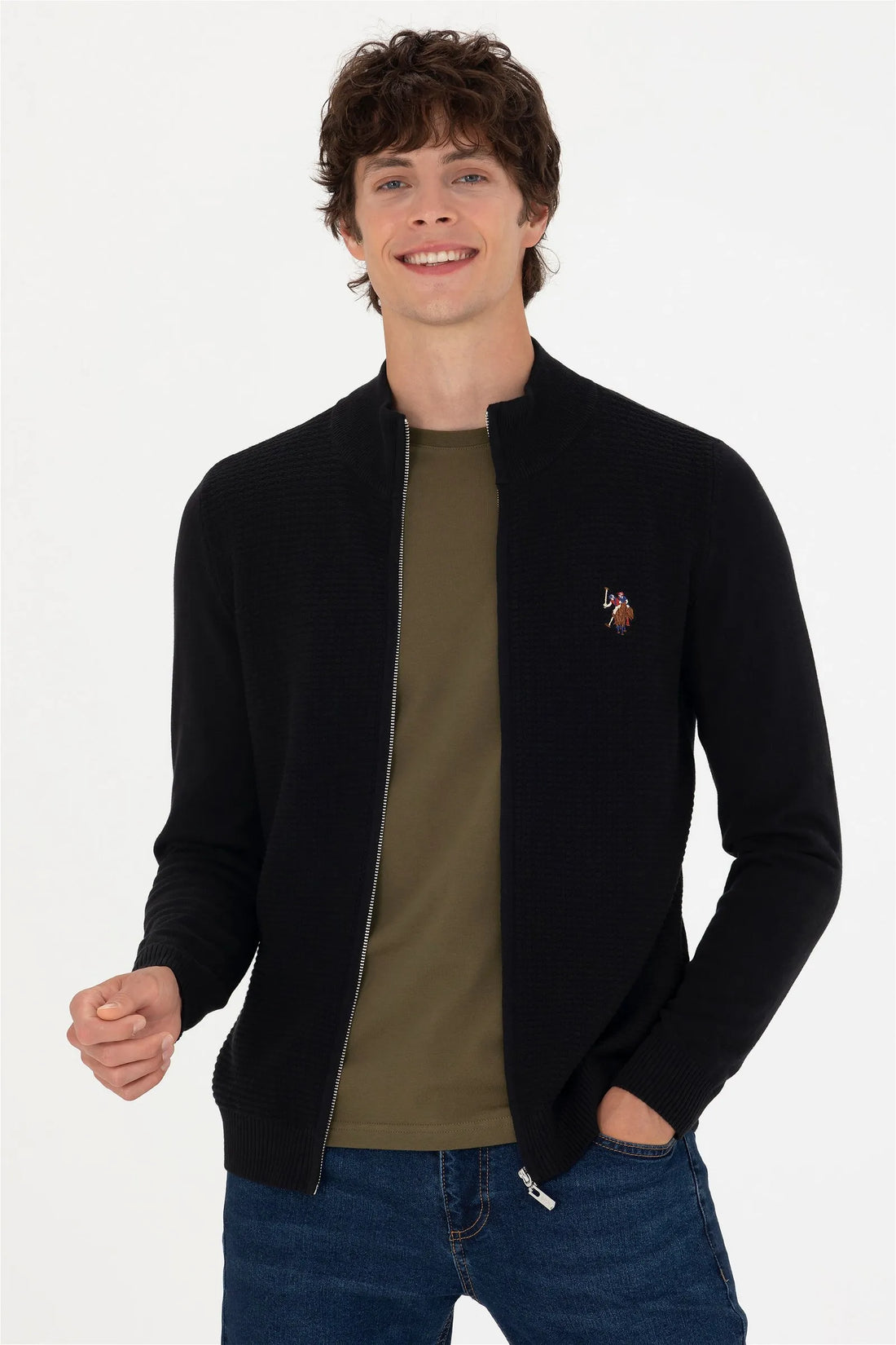 U.S. Polo Assn. Black Men Black Waffle Knit Zip Through Cardigan SKU: G081SZ0TH0 1629653_VR046 Image 01