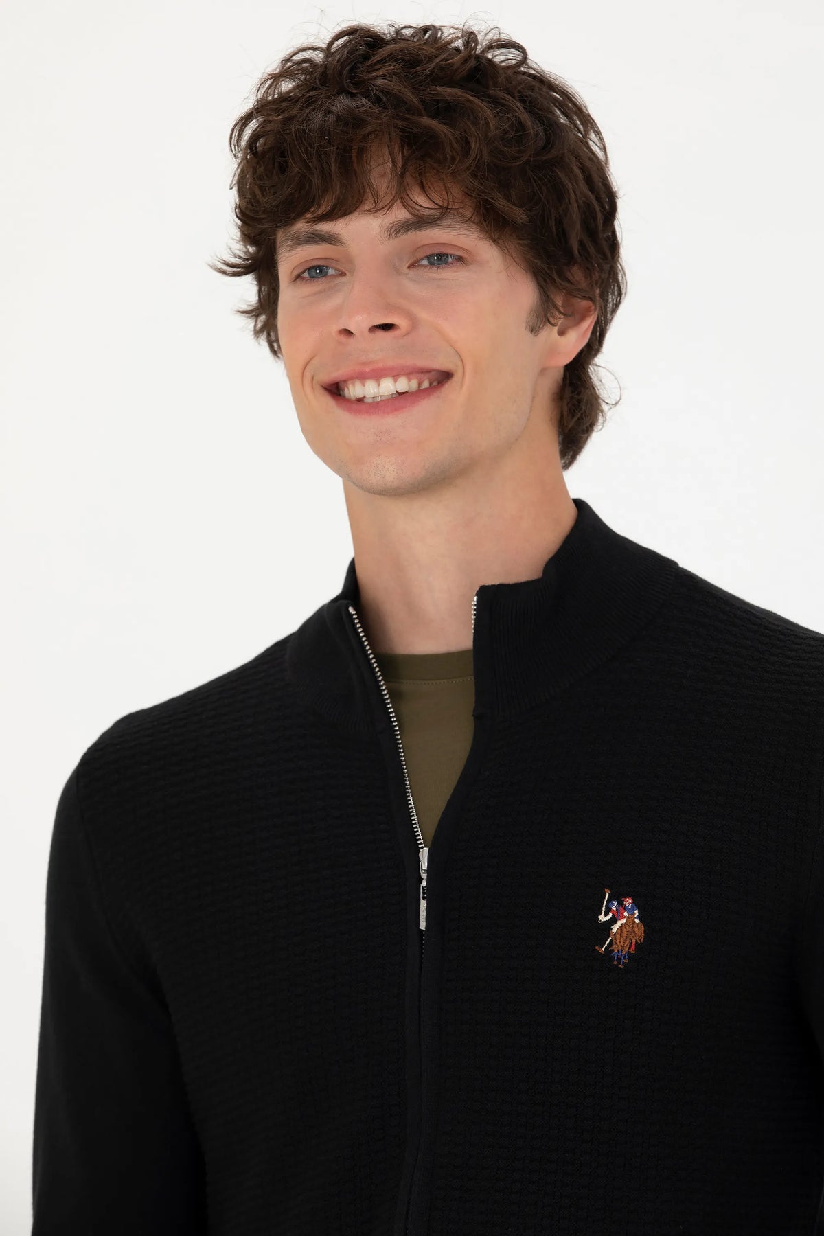 U.S. Polo Assn. Black Men Black Waffle Knit Zip Through Cardigan SKU: G081SZ0TH0 1629653_VR046 Image 02